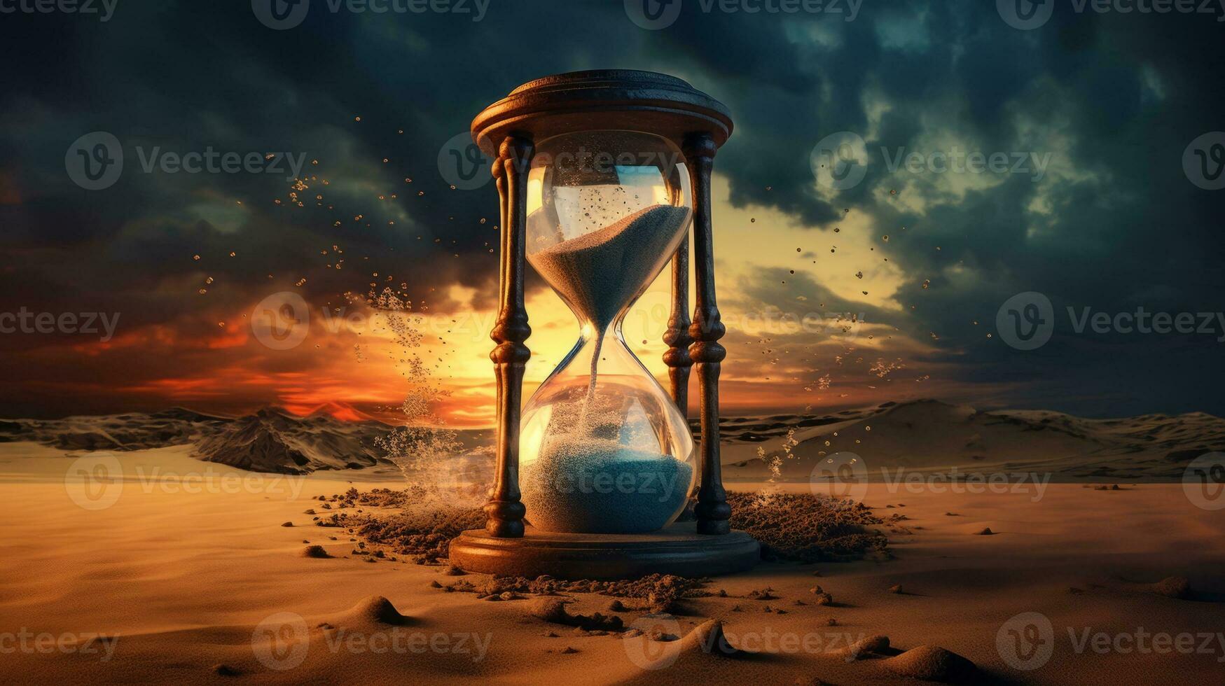 Realistic and surreal image of an hourglass in a desert scene photo