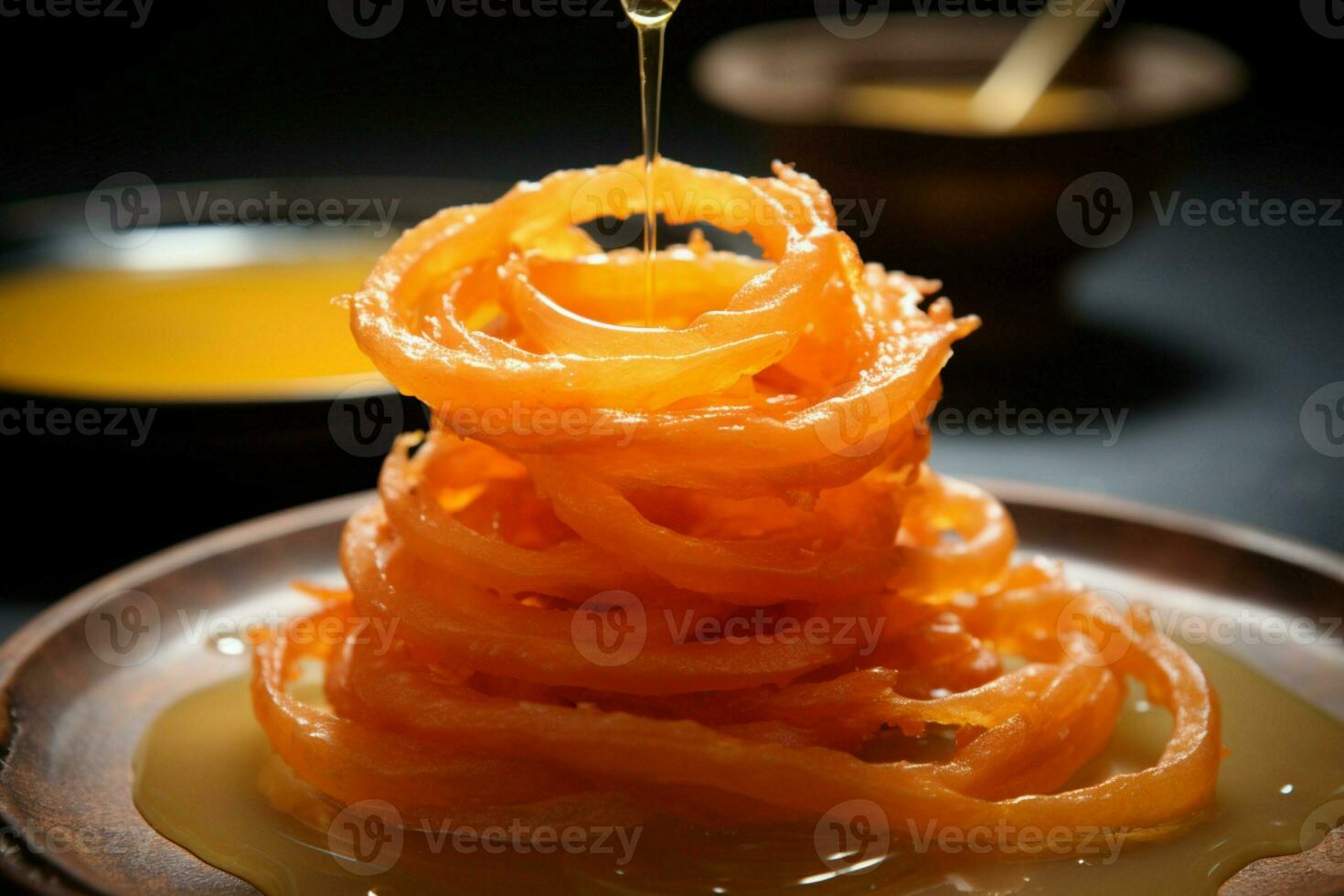 Culinary treasure Jalebi, an imarati Indian sweet, fried in pure ghee, selectively focused AI Generated photo