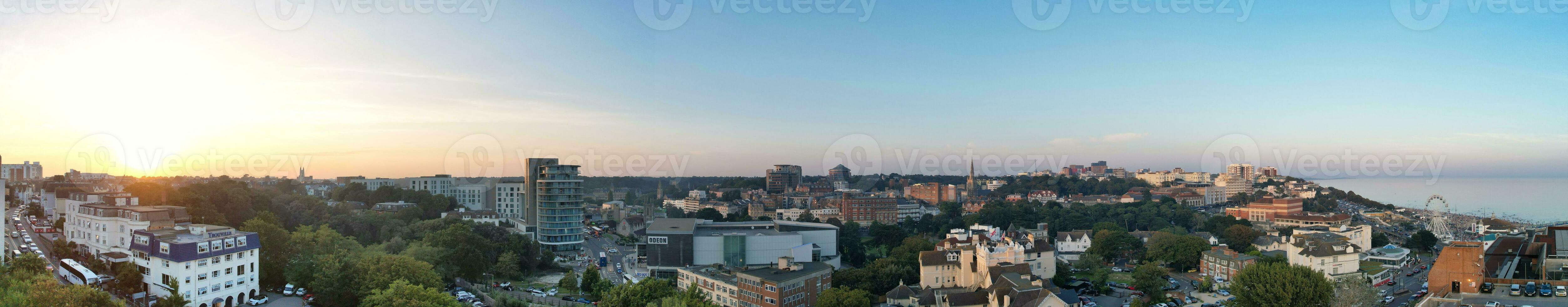 Aerial Panoramic View of British Tourist Attraction at Sea View of Bournemouth City of England Great Britain UK. High Angle Image Captured with Drone's Camera on September 9th, 2023 During Sunset photo