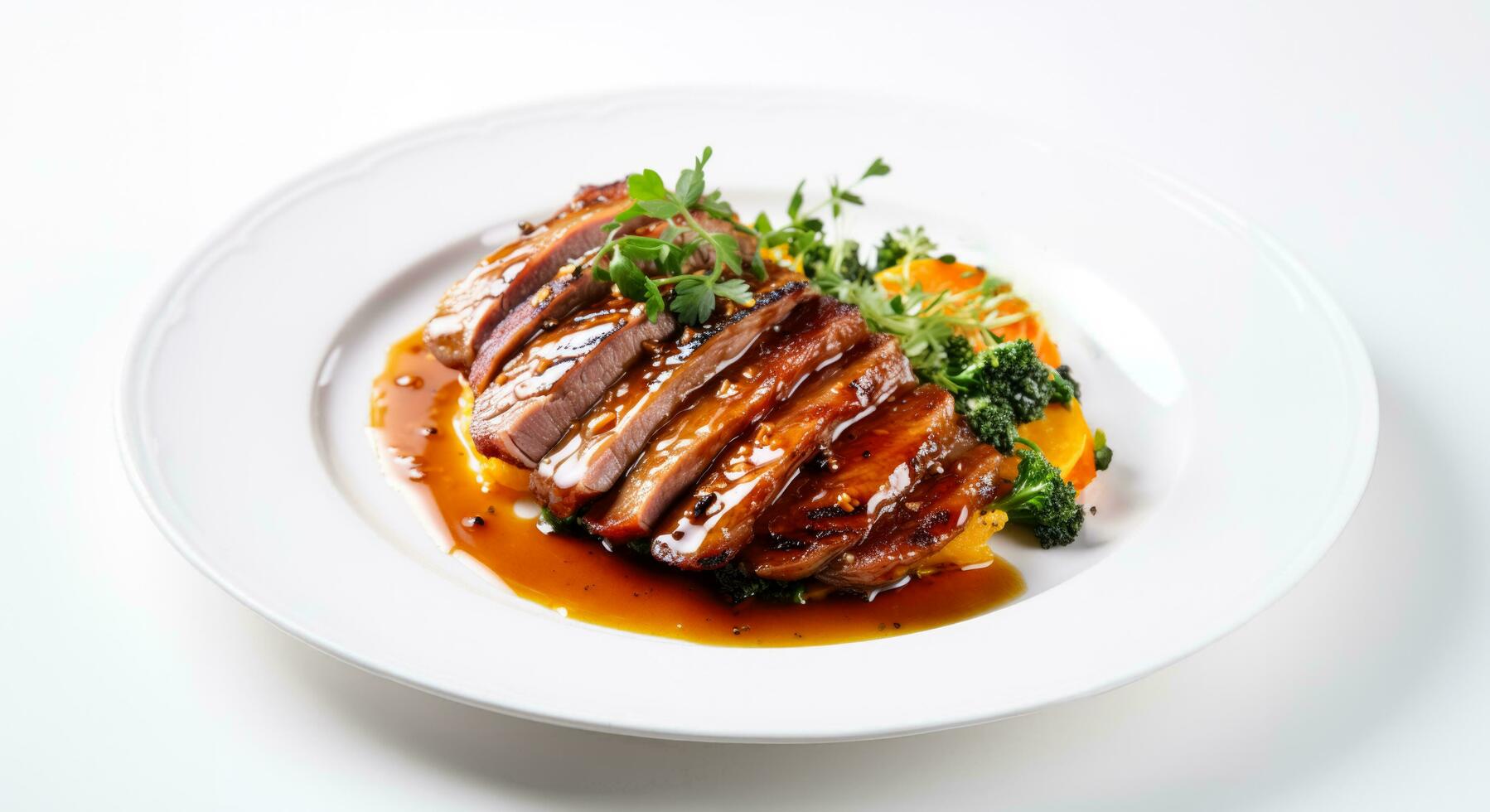 Succulent roast duck breast with tangy orange sauce splendidly isolated on white photo