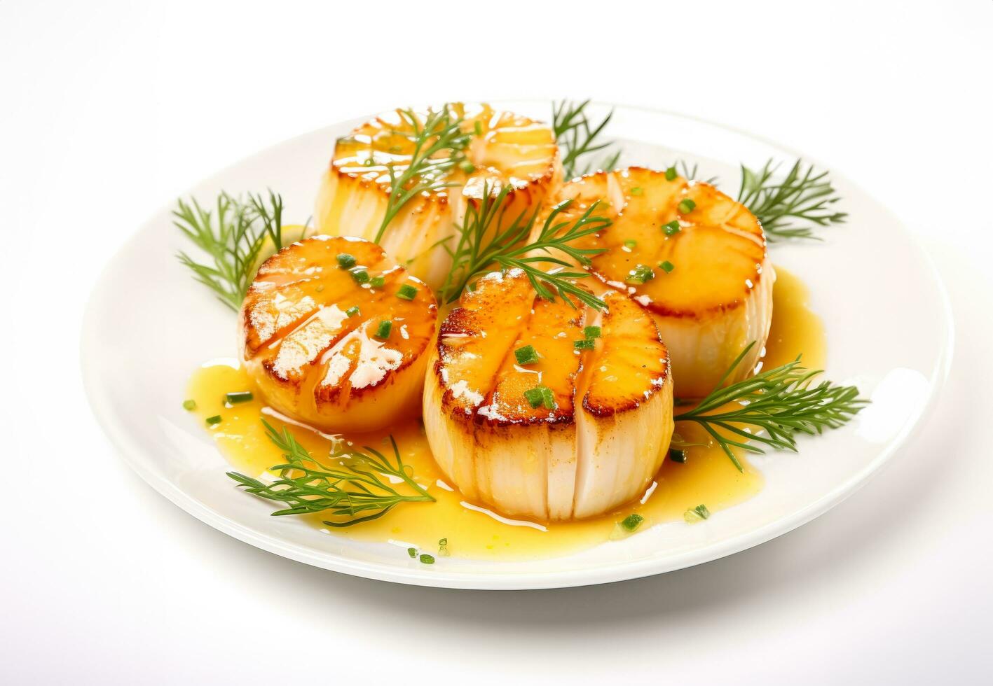 Golden pan seared scallops drenched in butter sauce isolated on white canvas photo