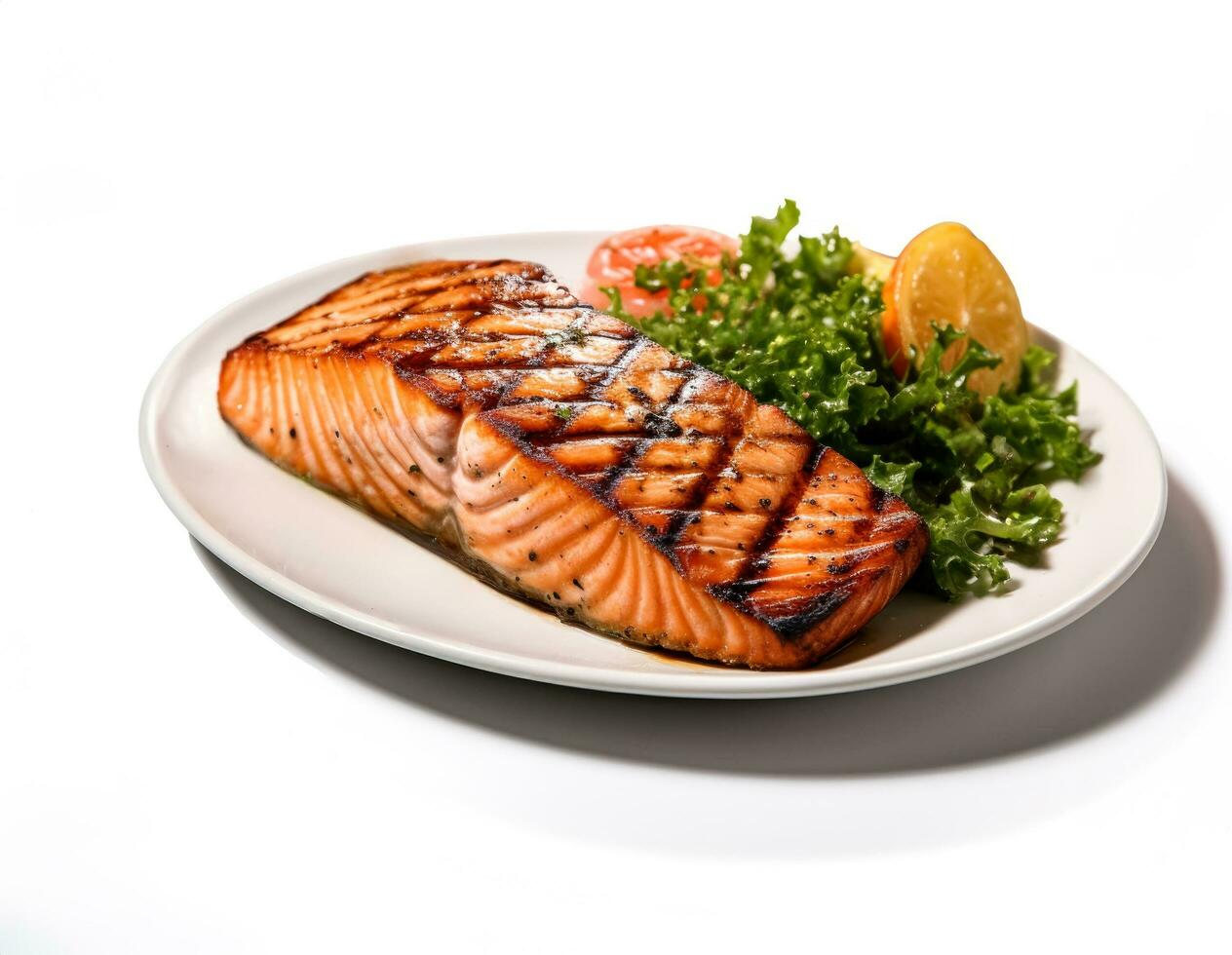 Grilled salmon steak showcasing its rich hues splendidly isolated on white photo