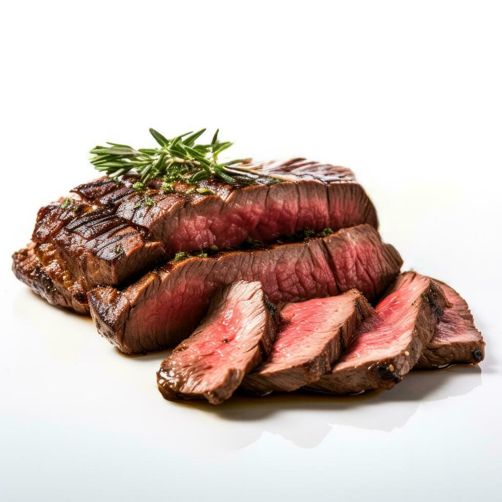 Herb infused sliced beef steak tastefully isolated against a white background photo