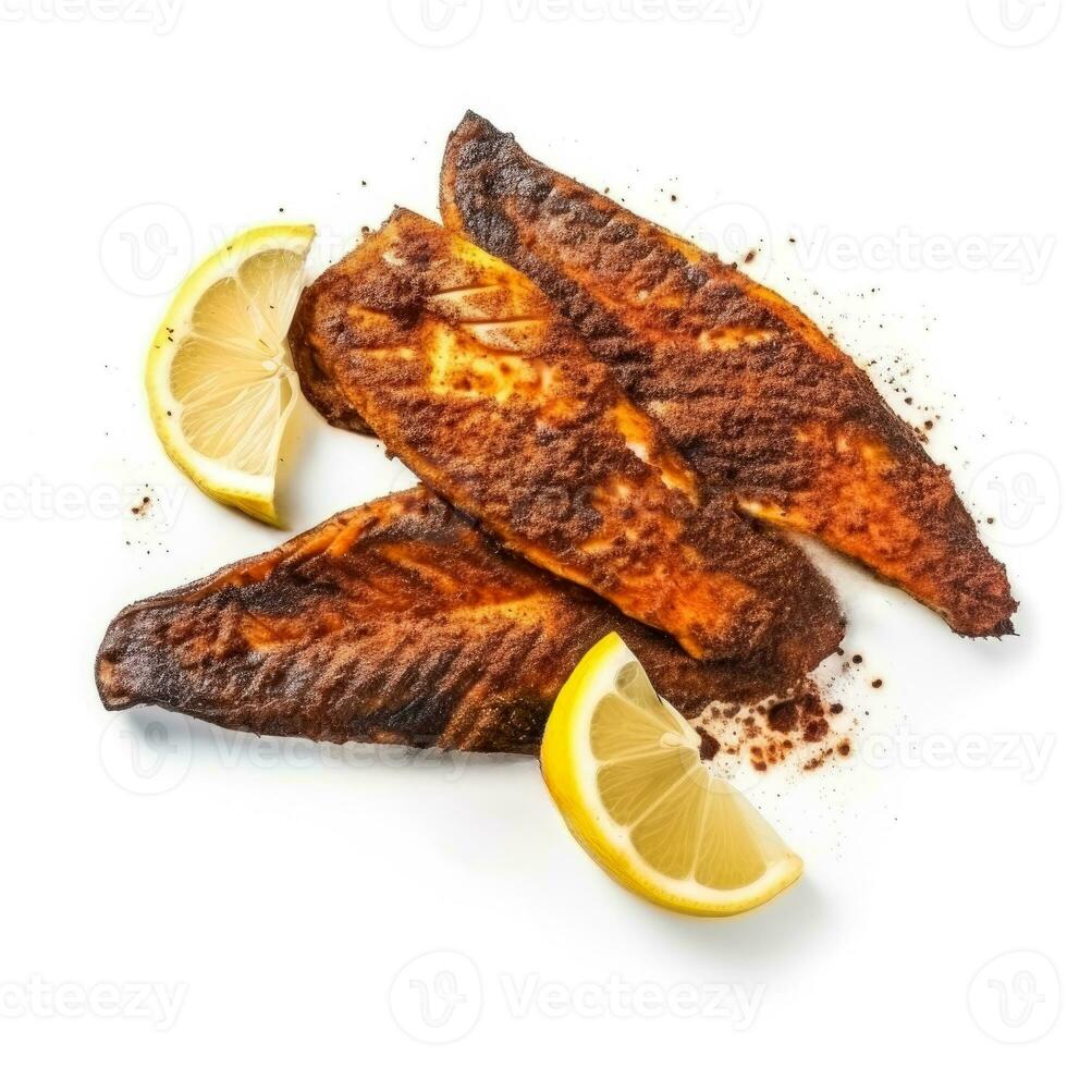 Spicy blackened cajun catfish with lemon slices pristinely isolated on white photo