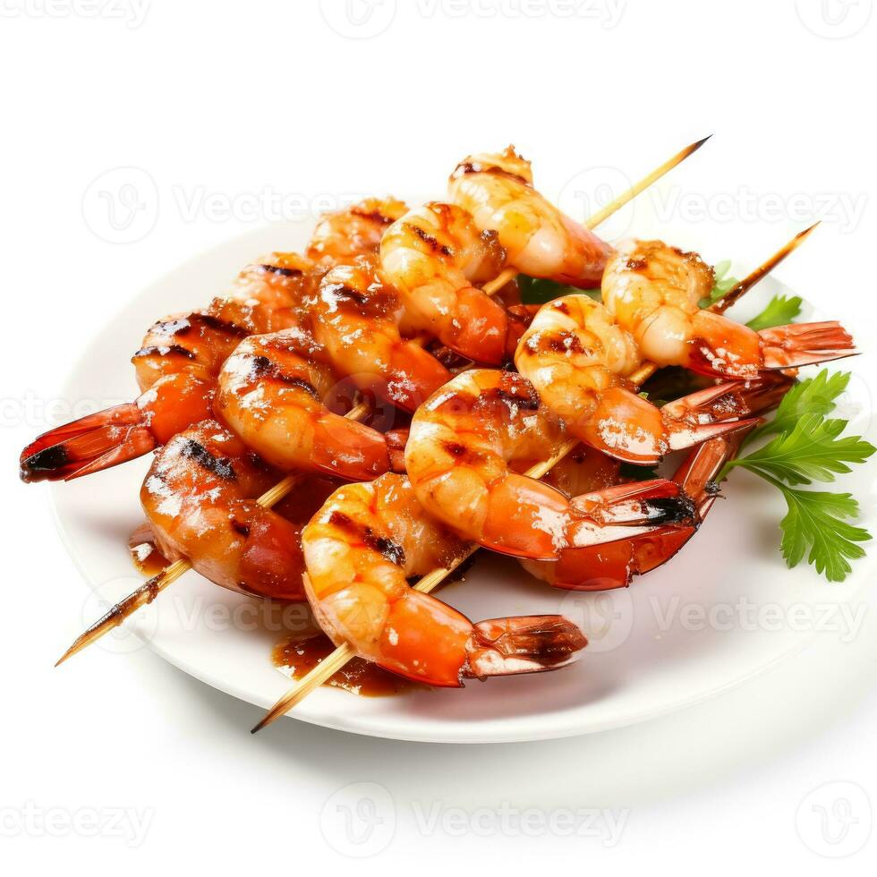 Appetizing grilled shrimp skewers remarkably isolated on a pure white background photo