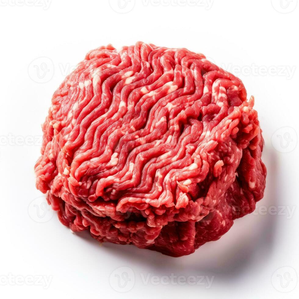 Uncooked spiced minced meat artistically isolated on a stark white background photo