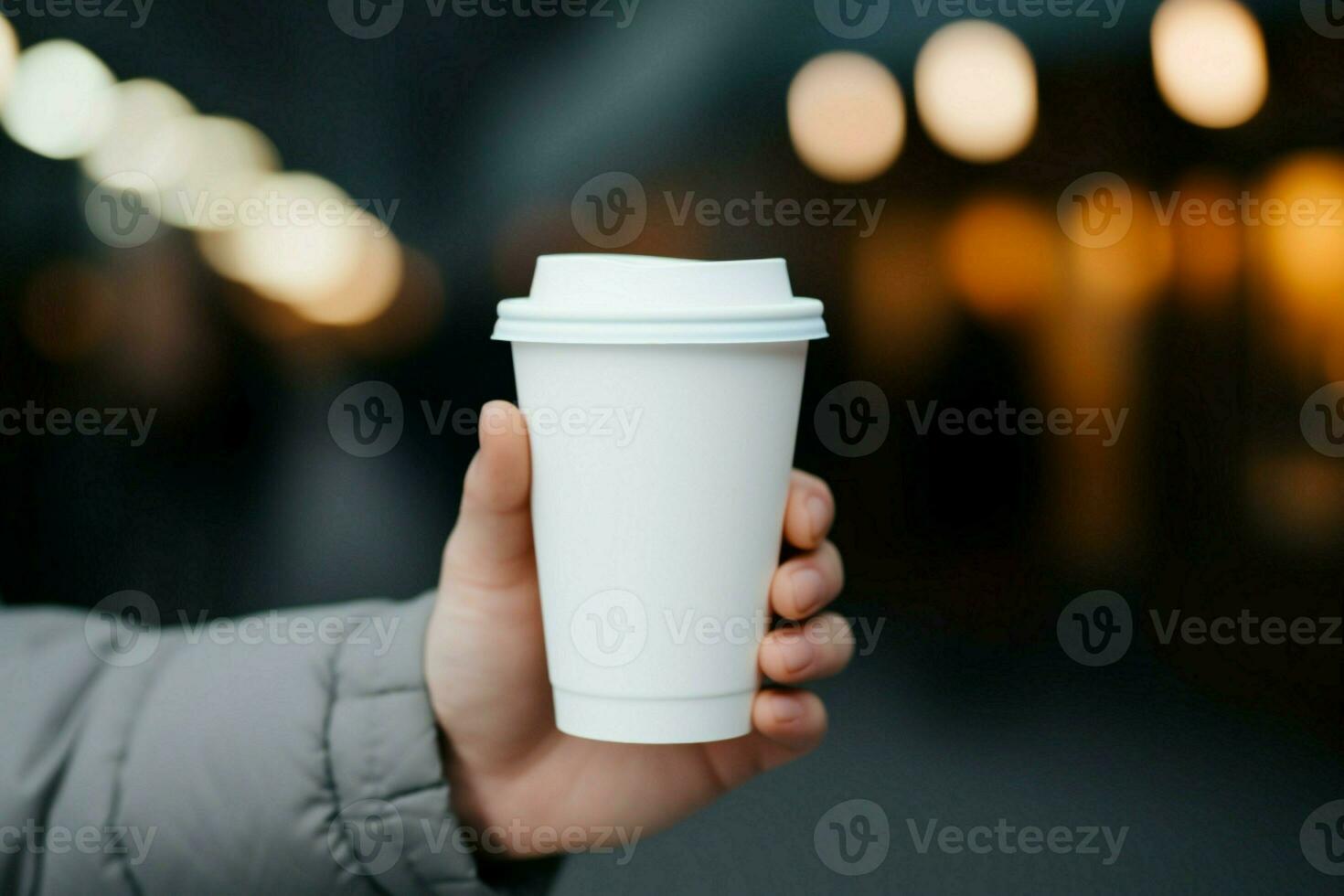 A person cradles a disposable white cup, a vessel for on the go refreshment AI Generated photo