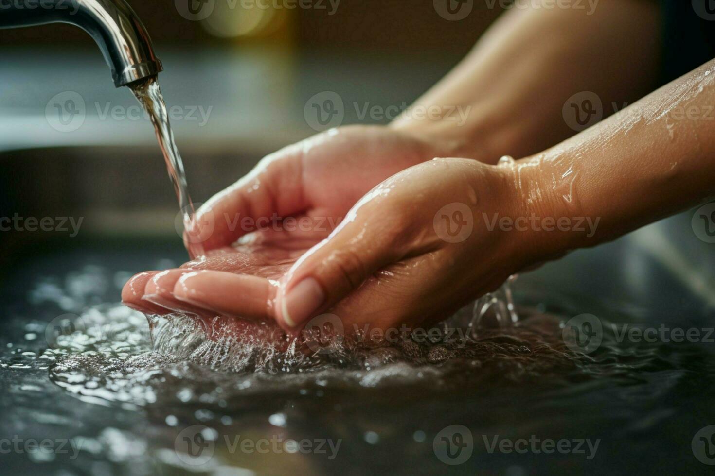 Unrecognizable womans hands in a close up, promoting cleanliness through handwashing AI Generated photo