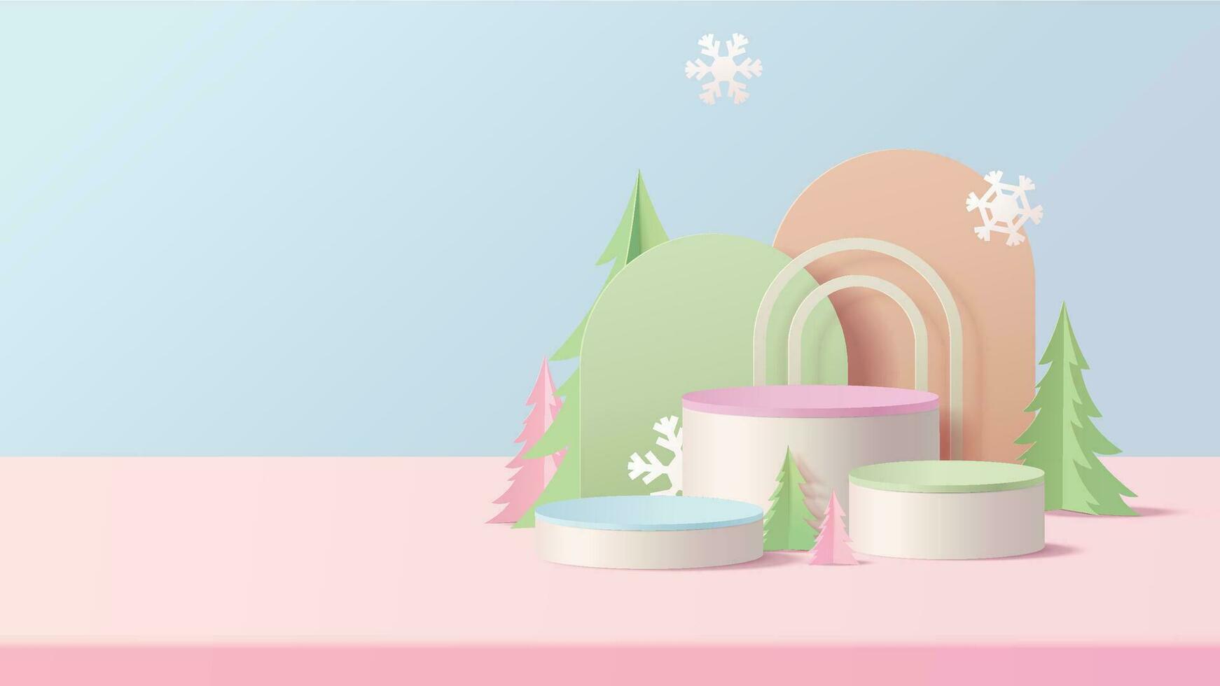 Abstract minimal mock up scene. geometry pastel color podium shape for show cosmetic product display. stage pedestal or platform. Christmas white background with tree xmas. 3D vector. vector