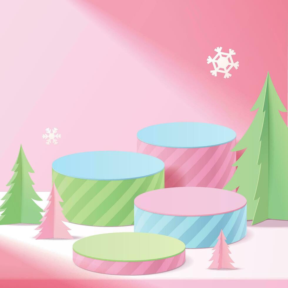 Abstract minimal mock up scene. geometry pastel color podium shape for show cosmetic product display. stage pedestal or platform. Christmas white background with tree xmas. 3D vector. vector