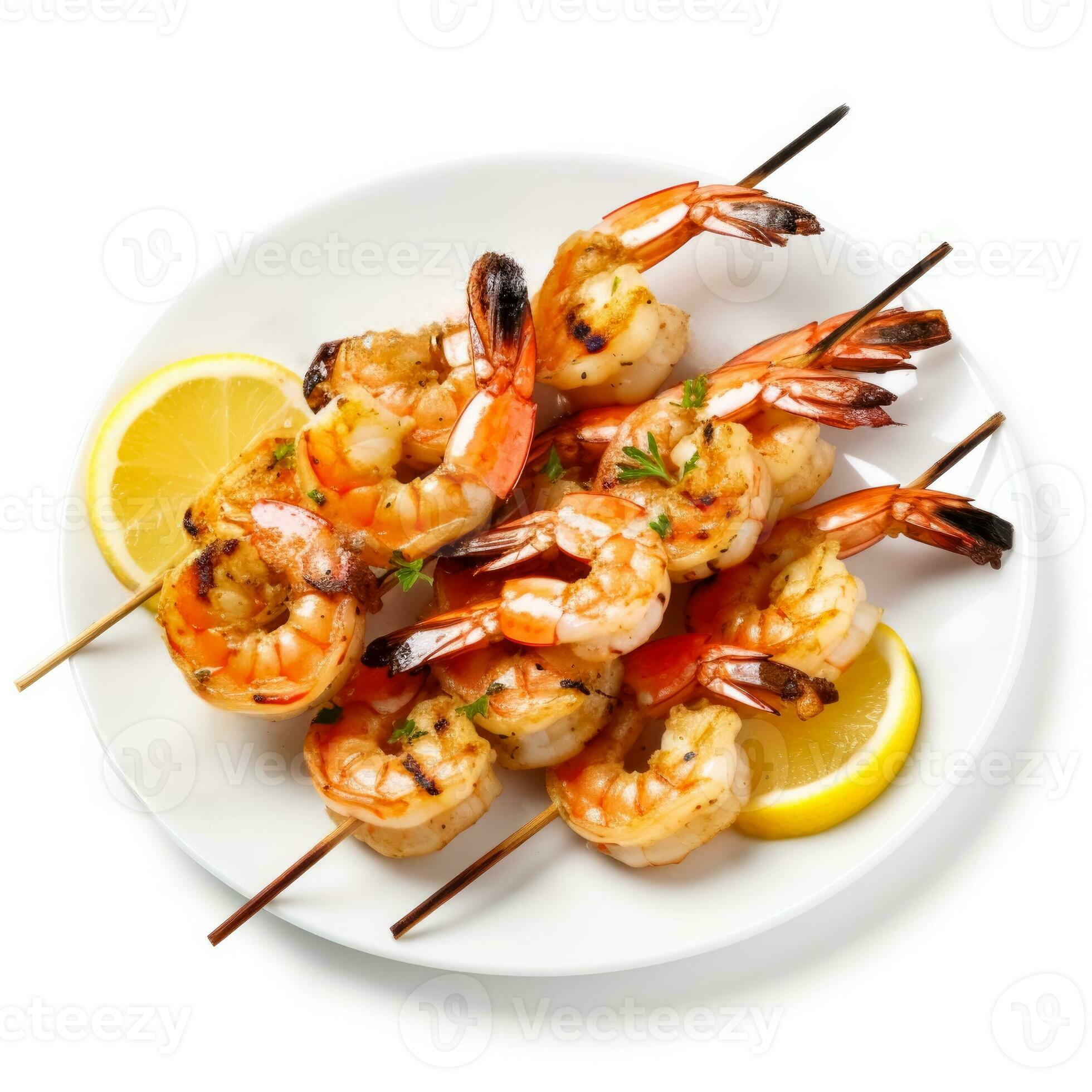 Delicious grilled shrimp skewers isolated elegantly on a pristine white