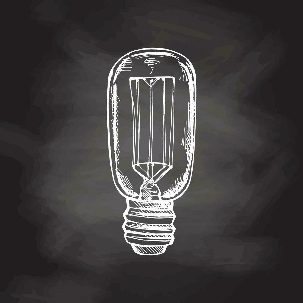 Hand-drawn sketch of electric light bulb on chalkboard background. Doodle icon. Vector illustration.