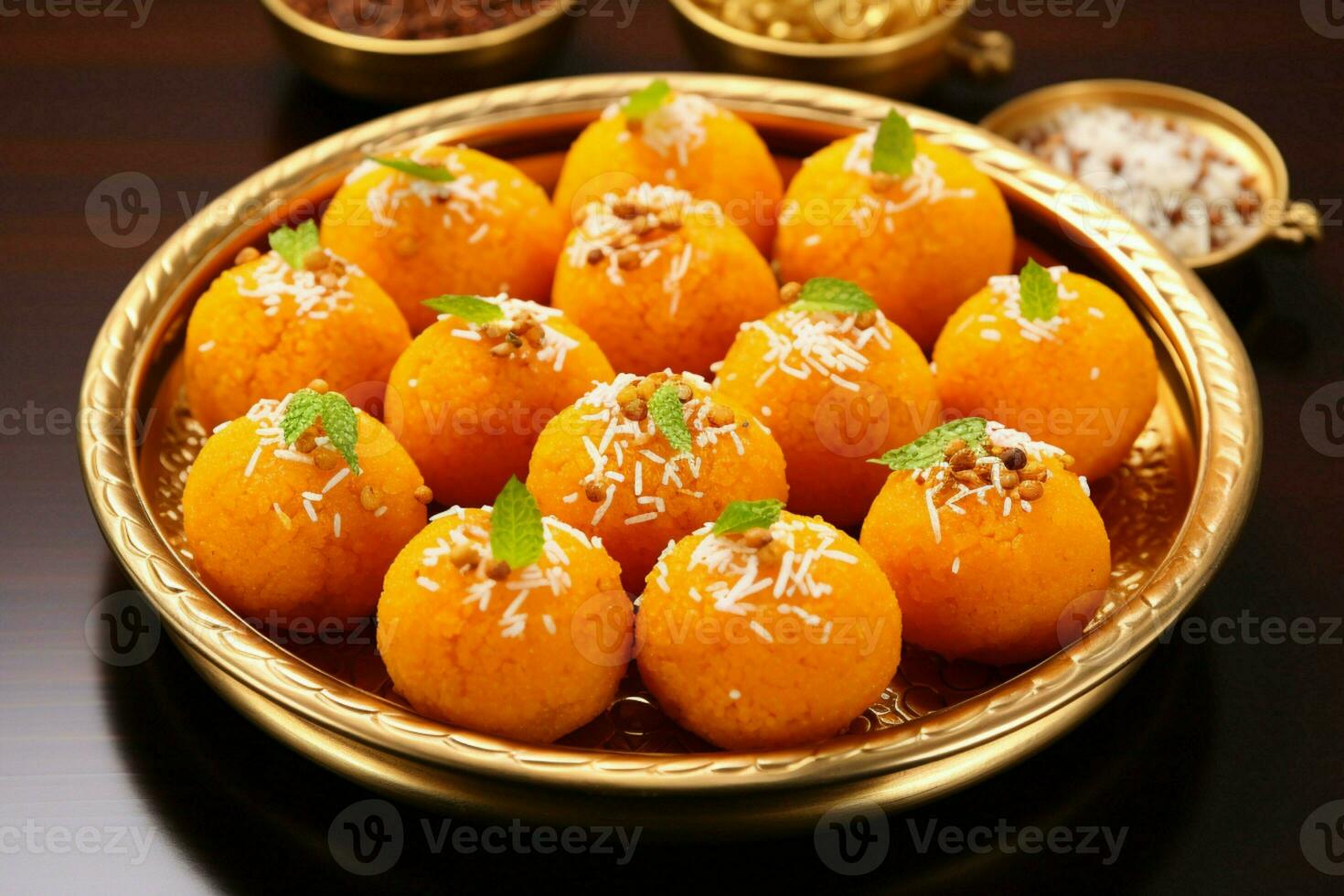Saffron spheres Indian motichoor laddoo, a sweet embodiment of rich flavors AI Generated photo