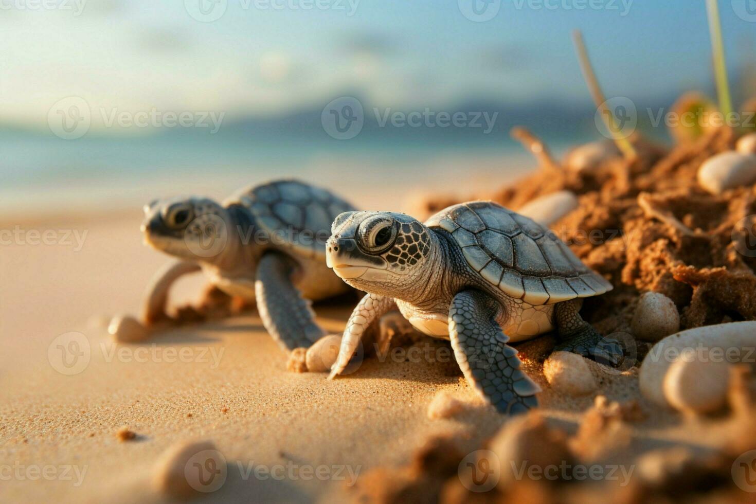 Seaside spectacle Baby turtles emerging from their shells, hatching on sandy beach. AI Generated photo