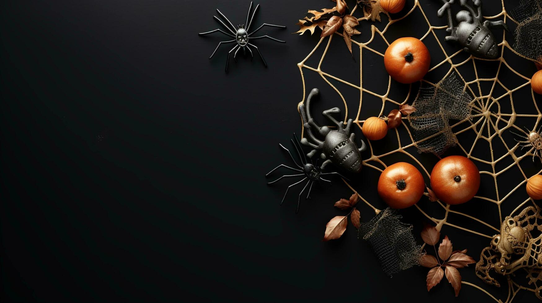 Modern Halloween flat lay mockup exuding sophistication and intrigue pumpkins holiday traditional fall pumpkin design autumn copy space spider, AI generated photo