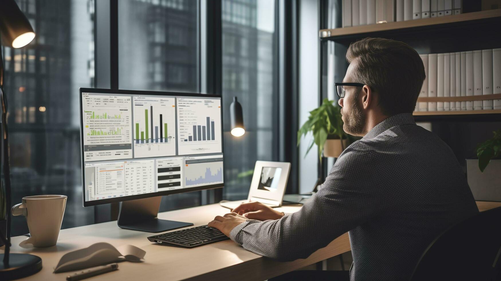 A person sitting at a desk in an office, looking at a computer screen while speaking on the phone with a real estate agent, AI generated photo