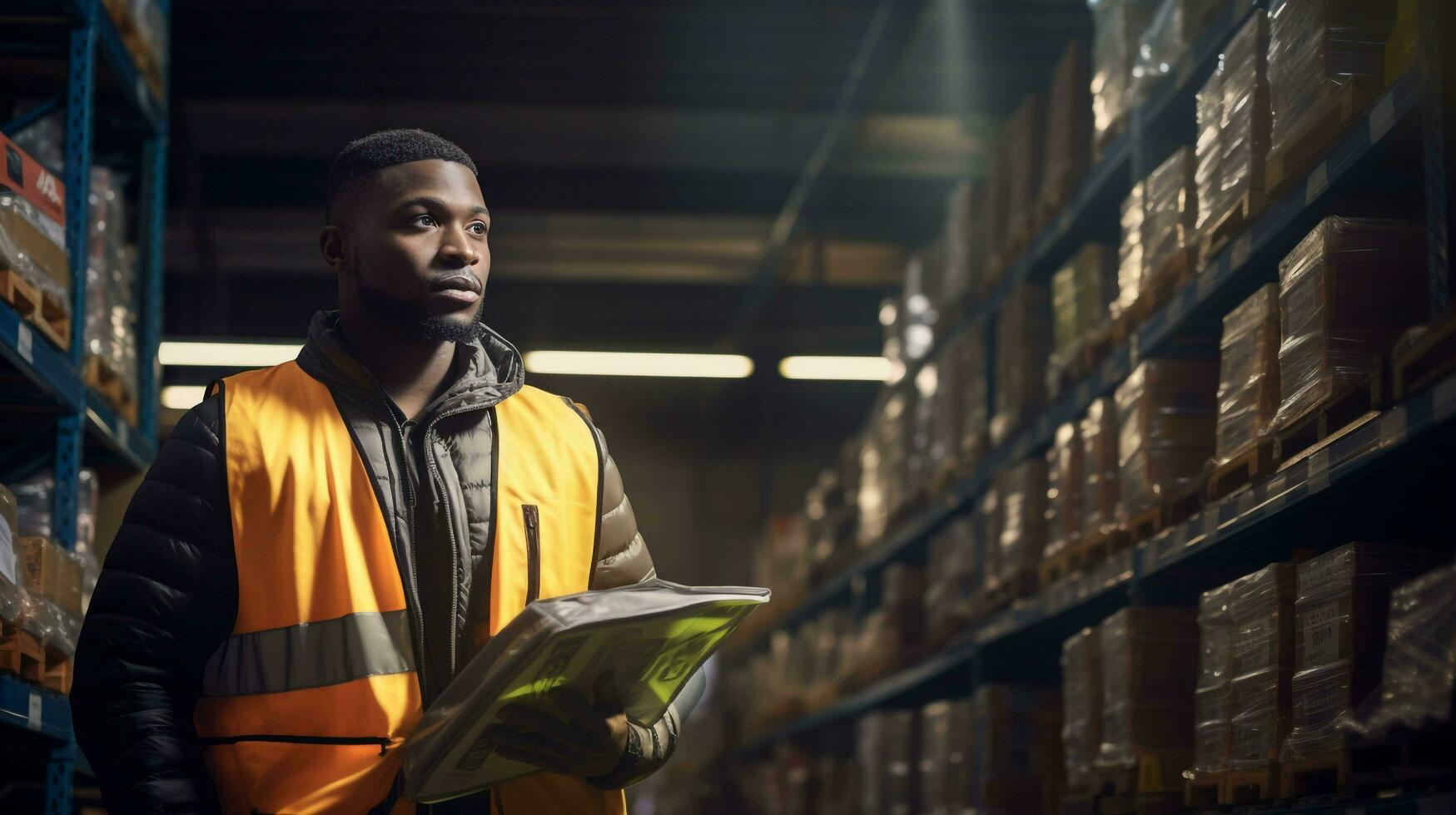 a black African worker warehouse manager adding stock inventory data, AI-generated photo