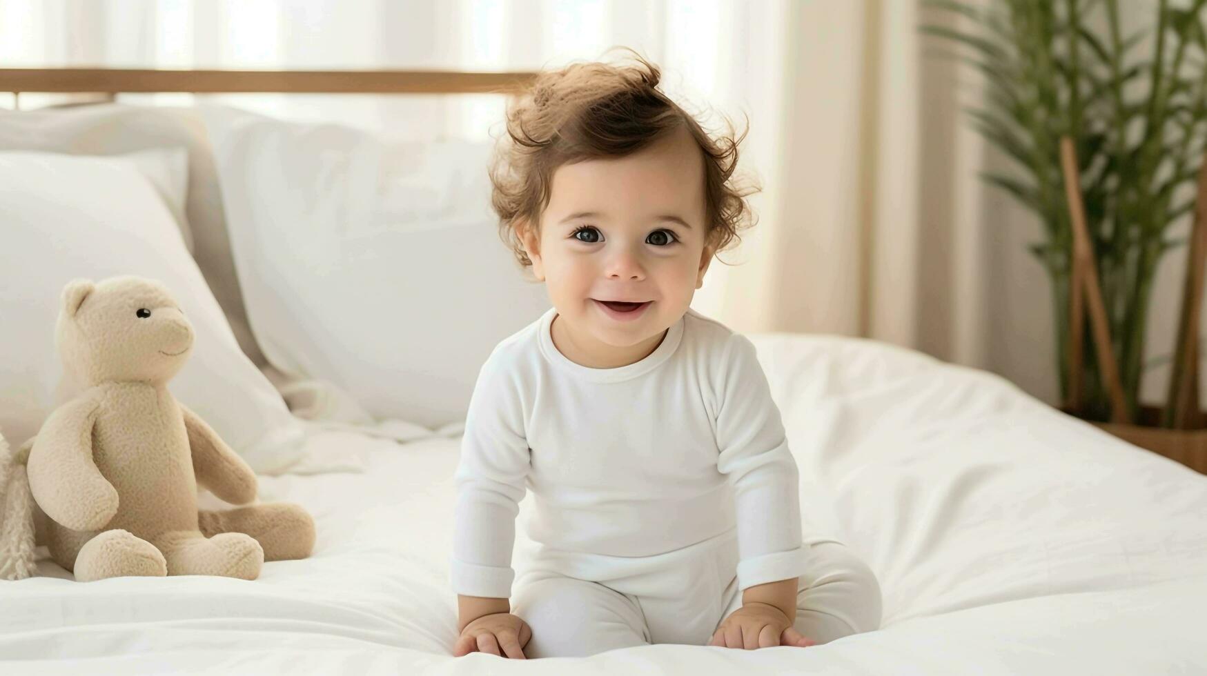 sonriente bebé niña infantil en un blanco traje en blanco fondo, ai generado foto