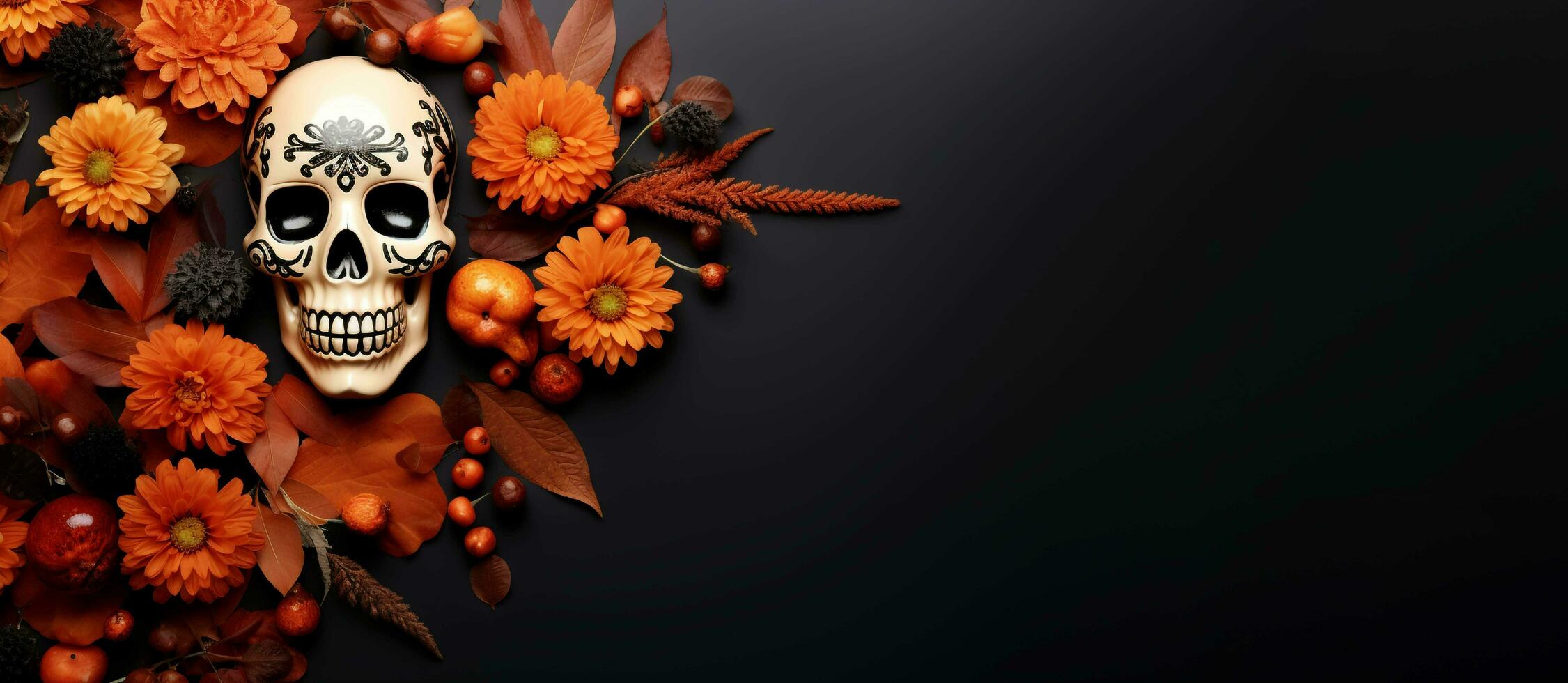 Modern Halloween flat lay mockup Sugar skull and marigold black background, AI generated photo