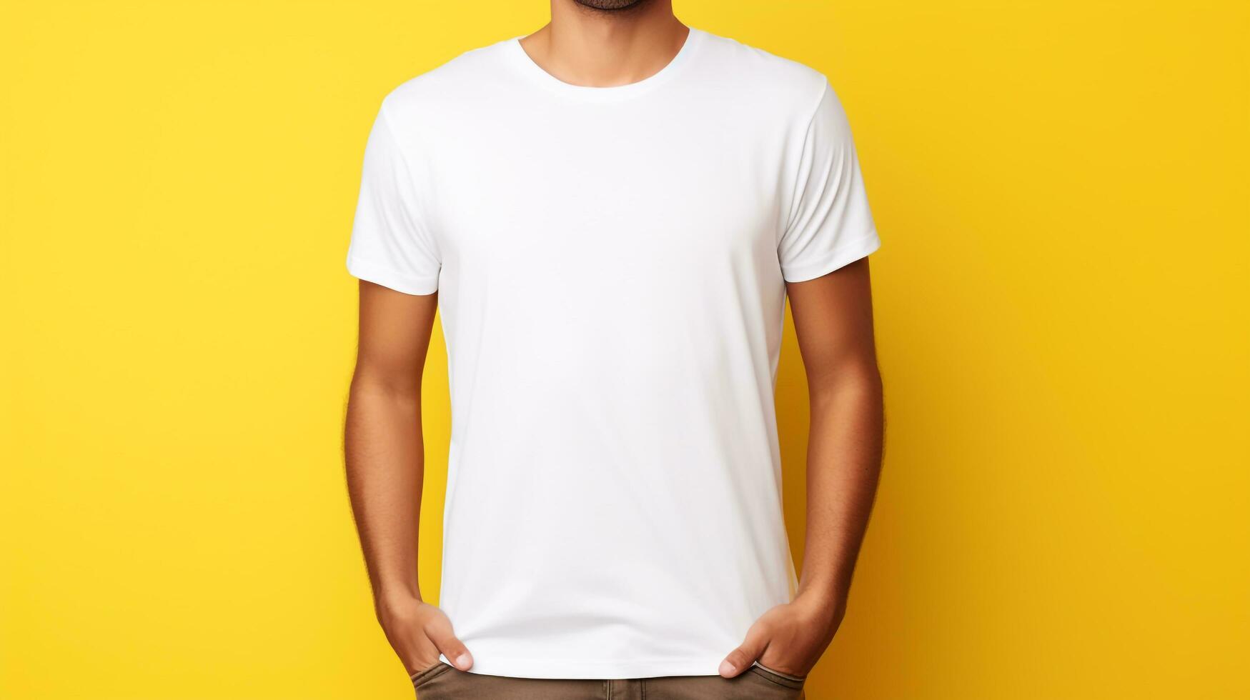 blanco camiseta en un personal Bosquejo diseño amarillo fondo, ai generado foto