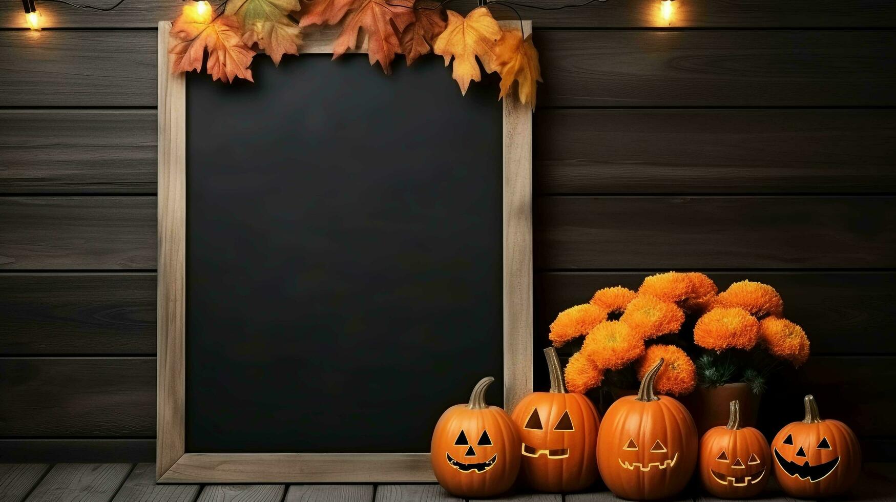 Halloween welcome signboard mockup with pumpkins, Blackboard with the autumn holiday, AI-generated photo