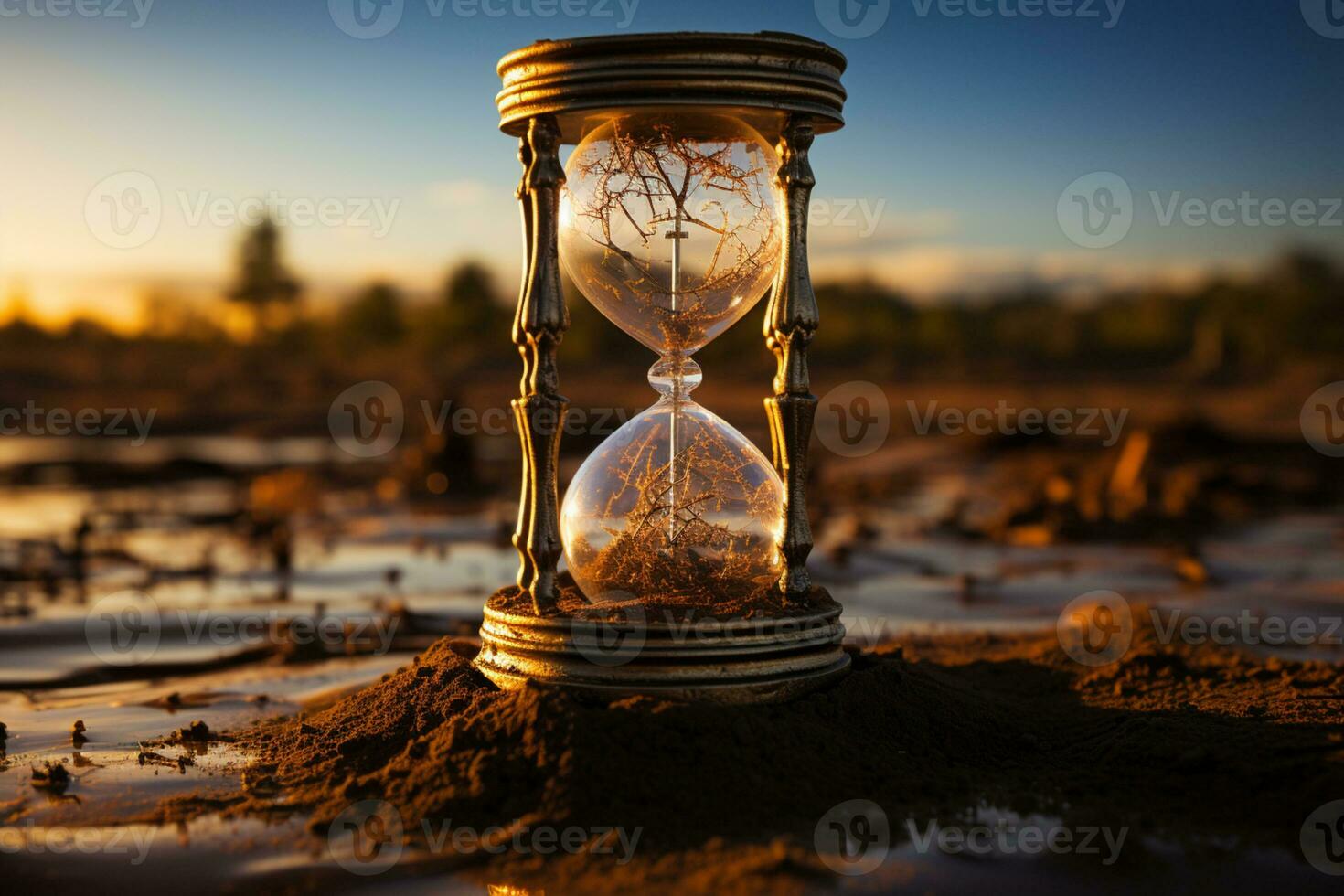 Symbolic time clock amidst parched soil, a concept of urgency  AI Generated photo