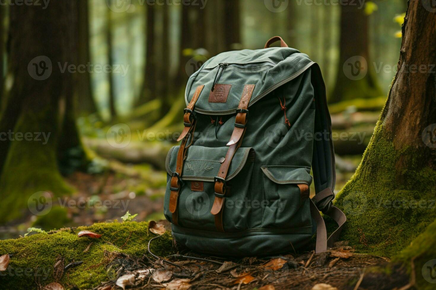 A hiking backpack rests by a tree, embodying the forest adventure AI Generated photo