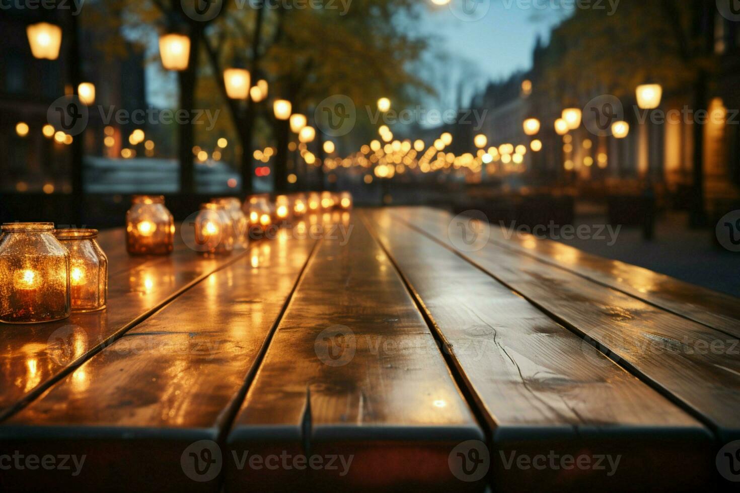 Empty wooden table against bokeh lights template for captivating product display AI Generated photo