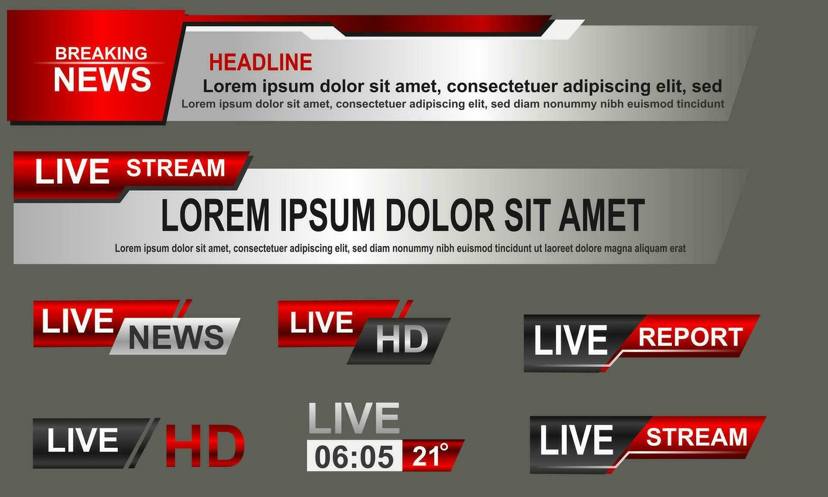 Broadcast News Lower Thirds Template layout red grey set collection design banner for bar Headline news title, sport game in Television, Video and Media Channel vector