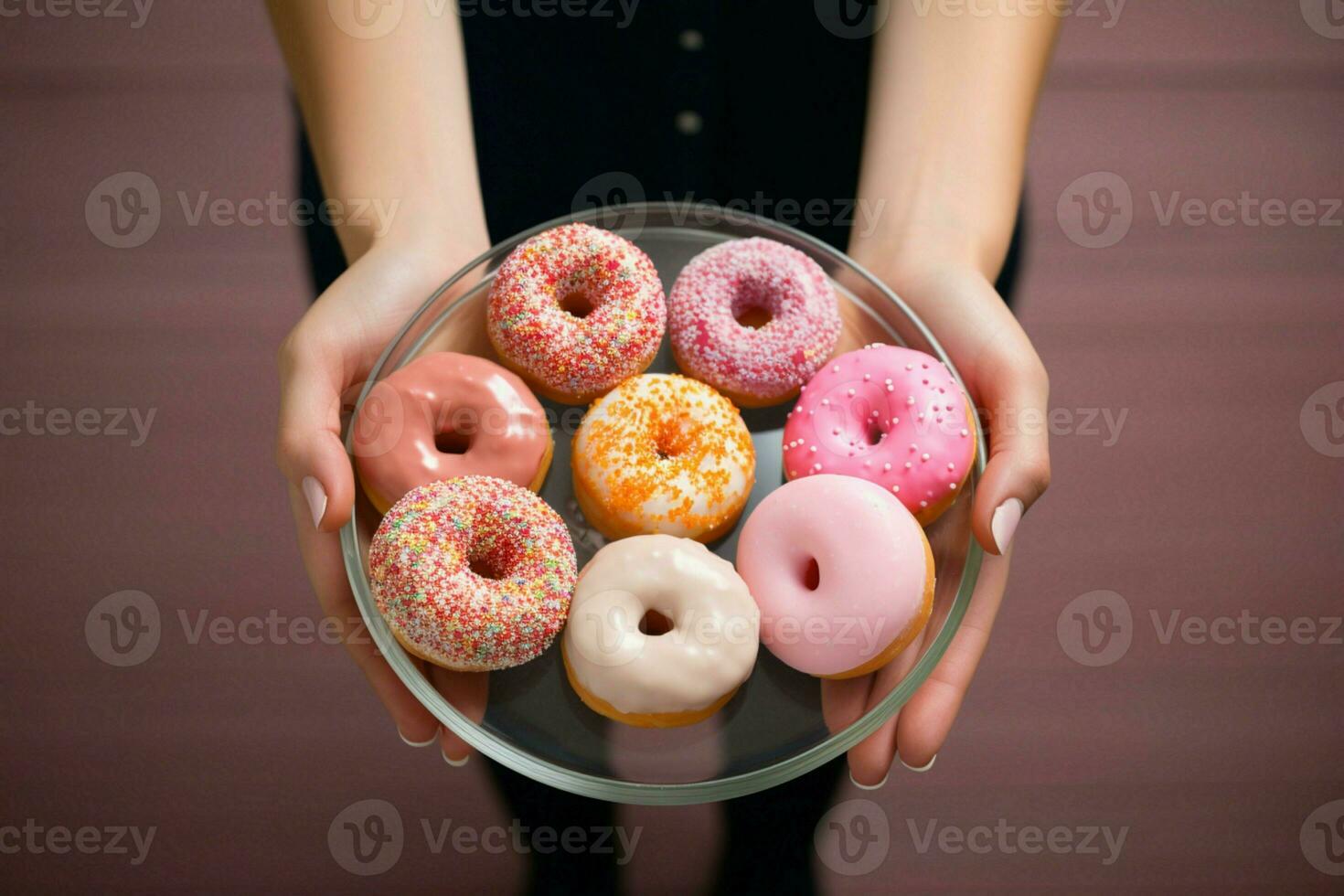 Balancing act Scales, donuts in womans hands, top view with copy space AI Generated photo