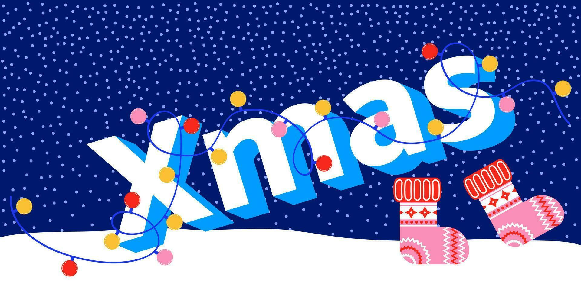 Christmas background with snow and text. Vector illustration of Merry Christmas greeting in flat style. Three-dimensional letters with New Year's lanterns.