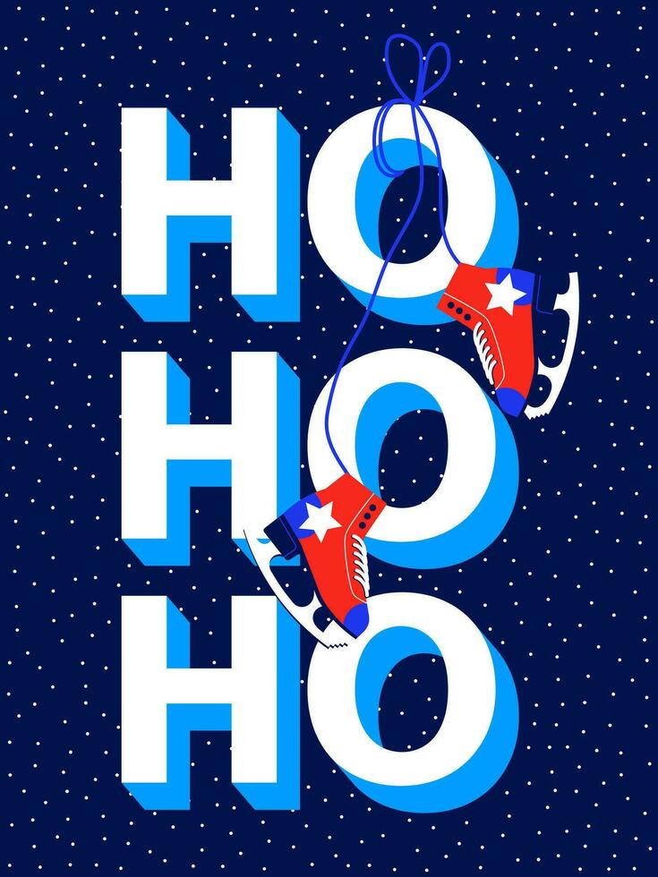 vistoso nuevo año tarjeta con texto Ho Ho Ho. vector ilustración de patines atado a grande letras en un azul antecedentes con nieve.