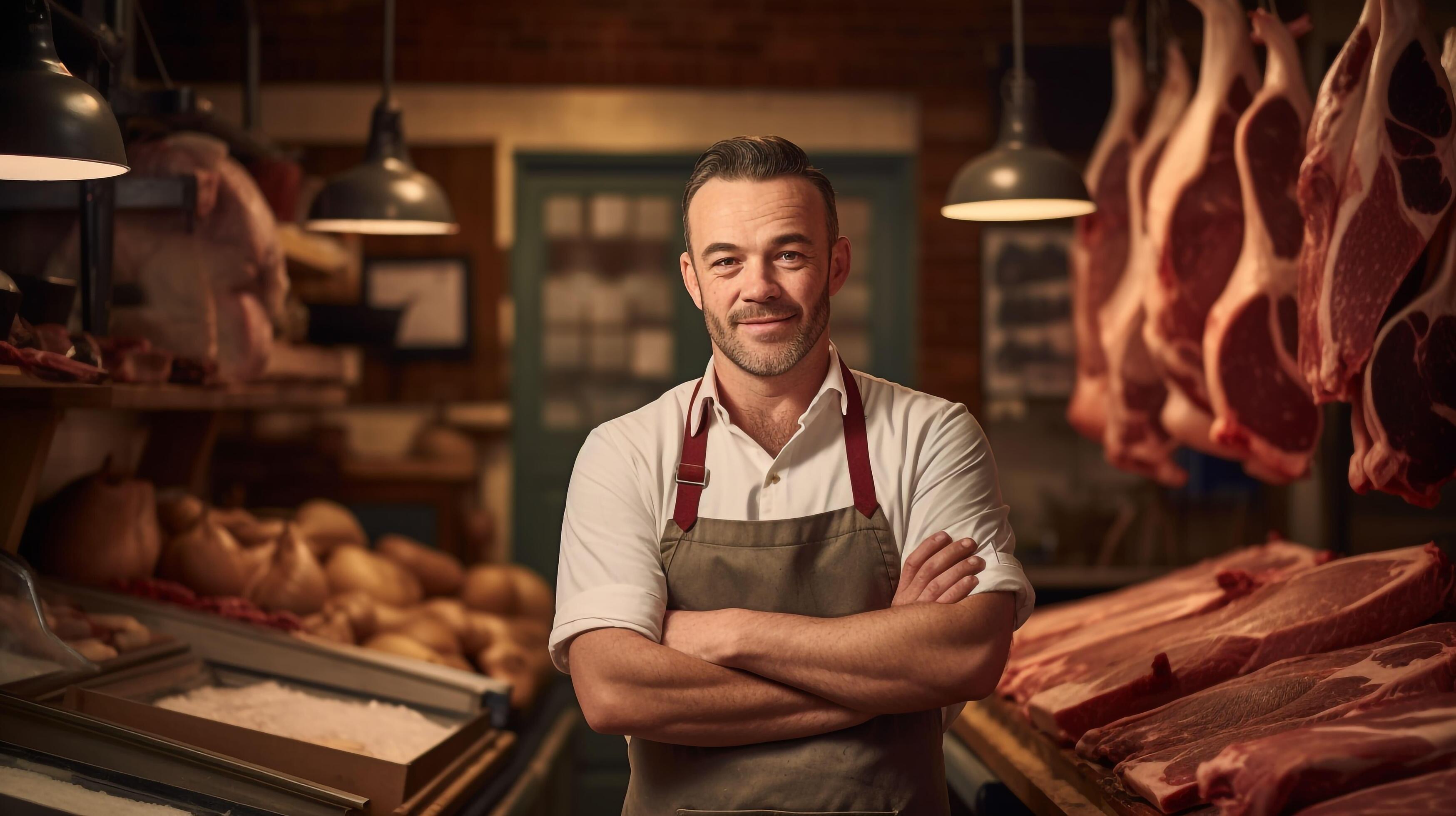 A male butcher in a traditional meat shop, standing proudly in front of