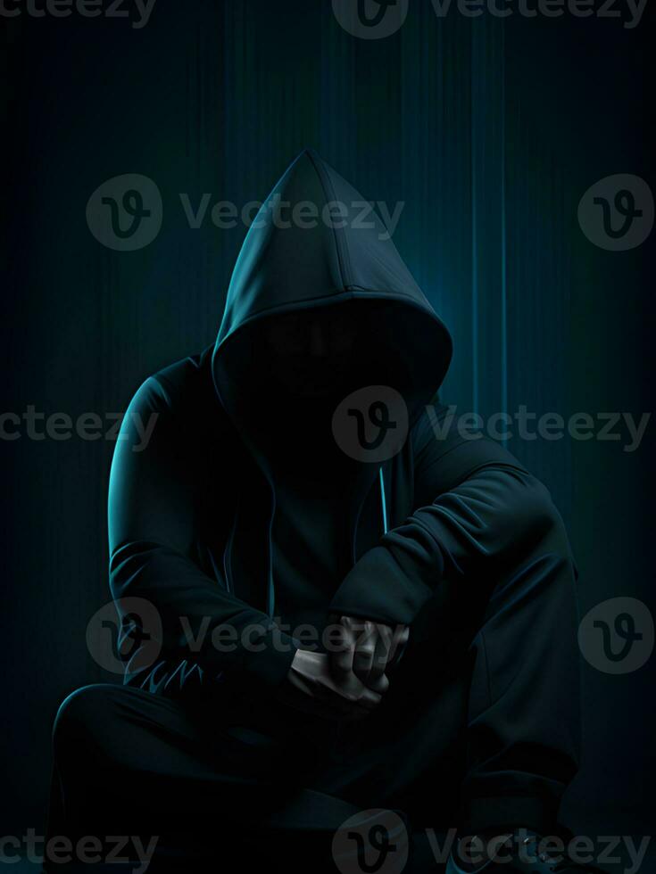 close up hacker in black hoodie in dark room photo