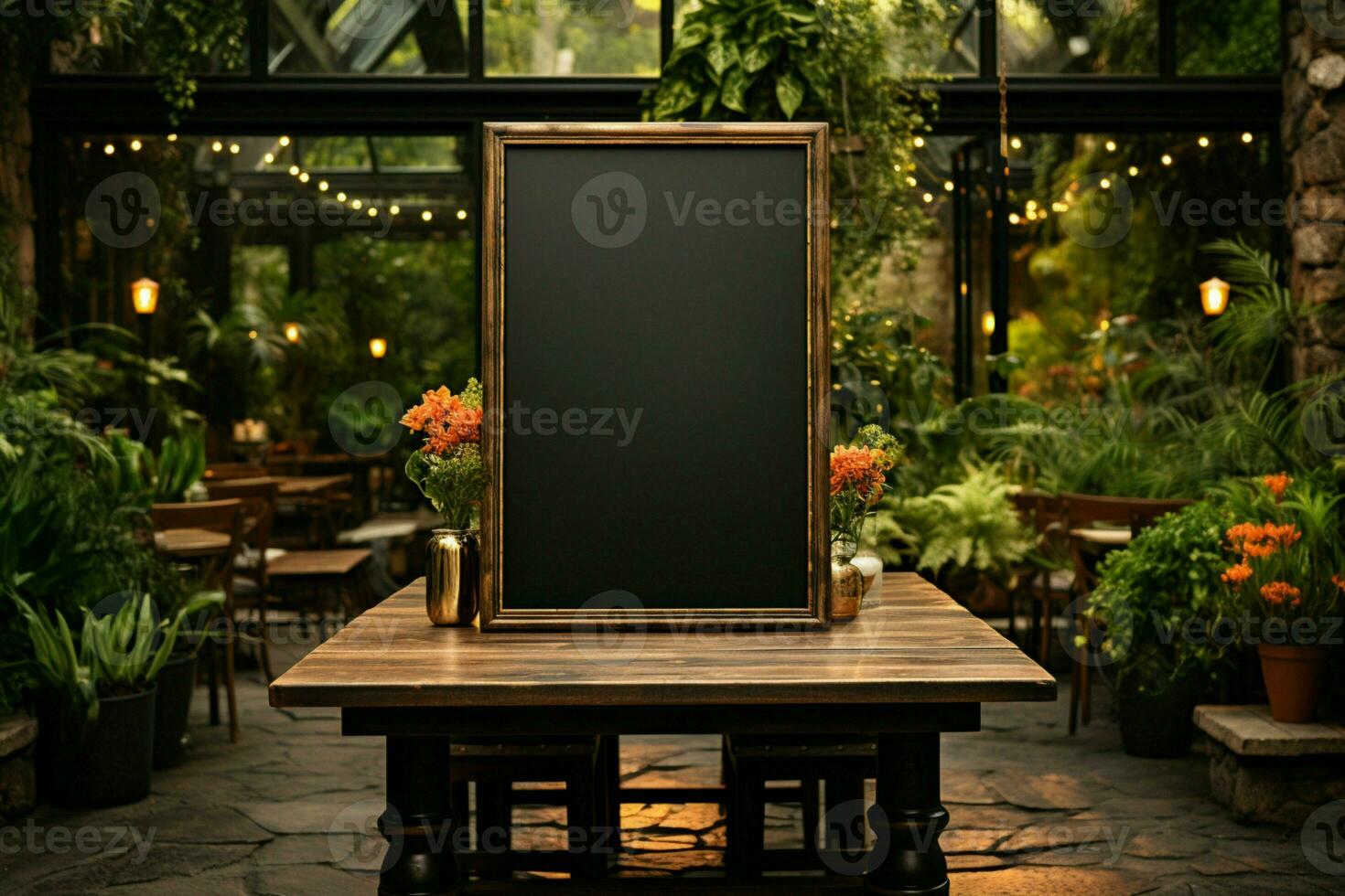 Garden inspired dining A blank menu blackboard, complemented by lush potted greenery AI Generated photo