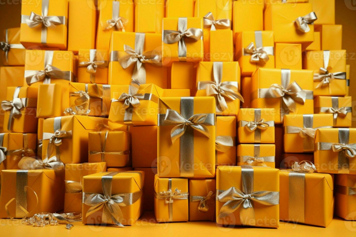 Packed room, boundless yellow gifts. Adorn banners for merry occasions, festive exuberance. AI Generated photo