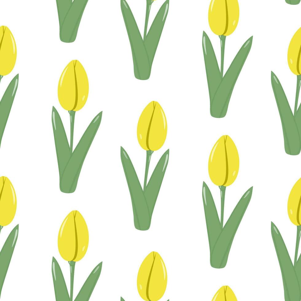 resumen sin costura modelo de vistoso floreciente tulipanes en de moda brillante amarillo sombras. Hola primavera vector