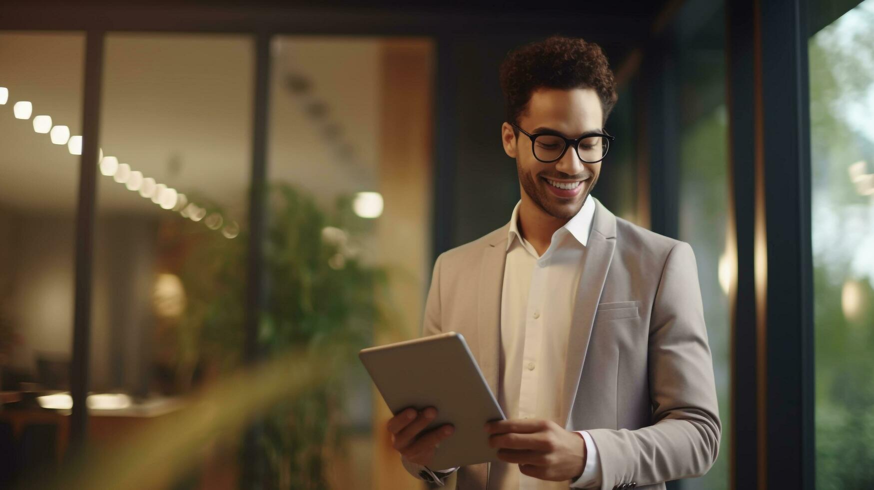 a young man in a suit holding a tablet, portrait of a young man in a suit holding a tablet, AI generated photo