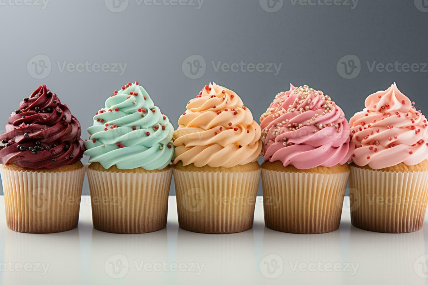 Colorful display cupcakes lined up, isolated on a clean white canvas AI Generated photo