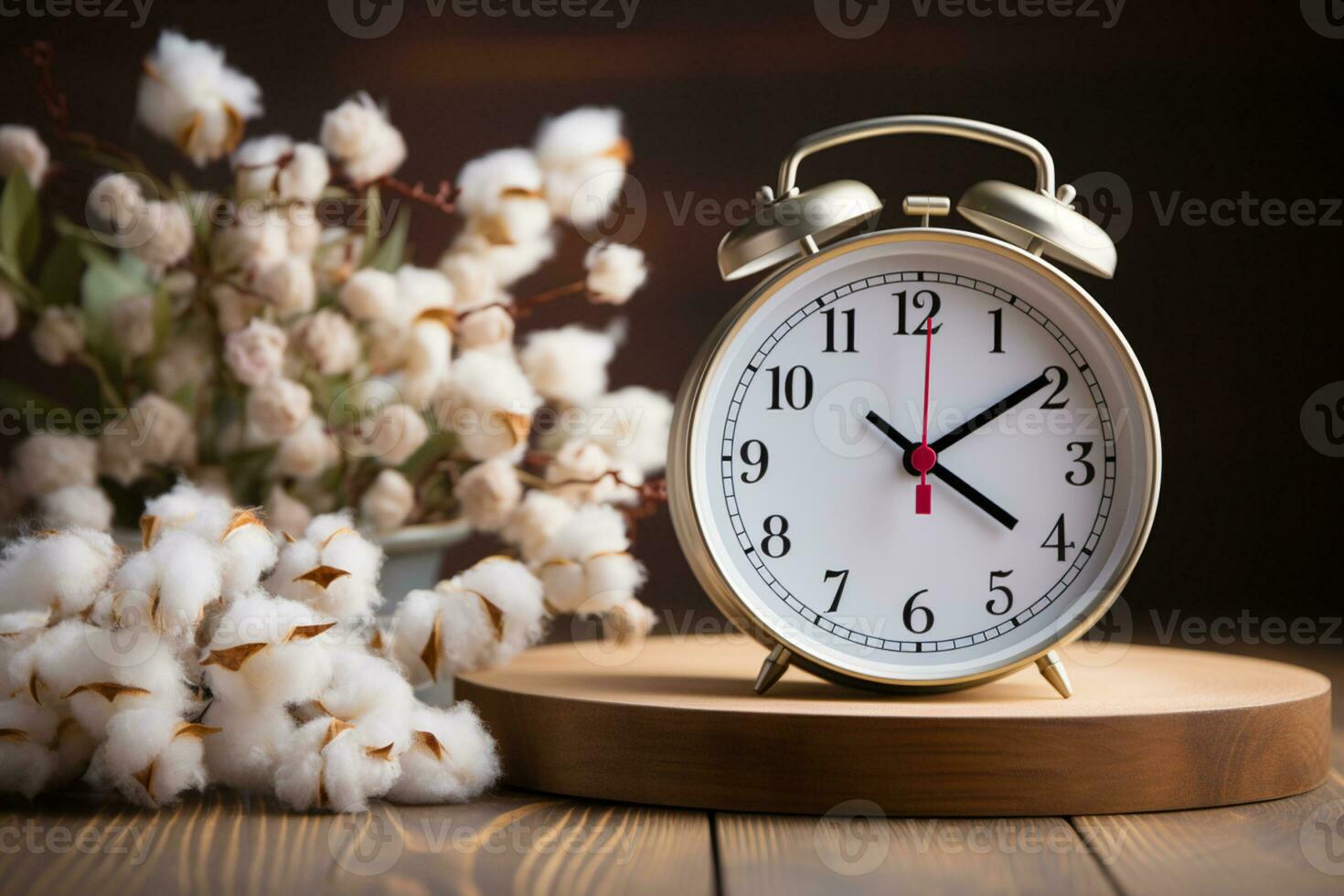 Clock and cotton banner for daylight saving, atop white wooden table AI Generated photo