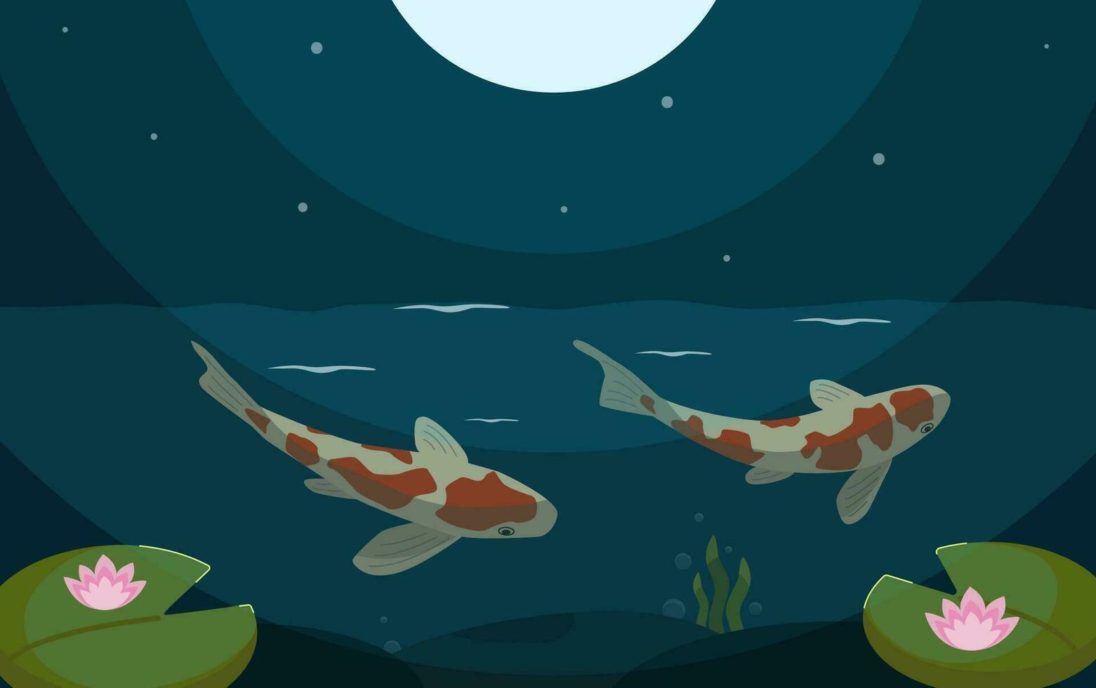 Pond with Koi carp and water lilies. Vector illustration. Night landscape with lotus flowers. Background with moon, lake and fishes.