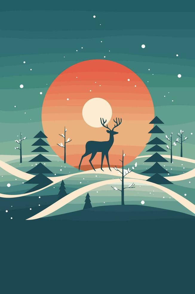 Christmas Winter Wonderland Flat Vector Greeting Card Illustration