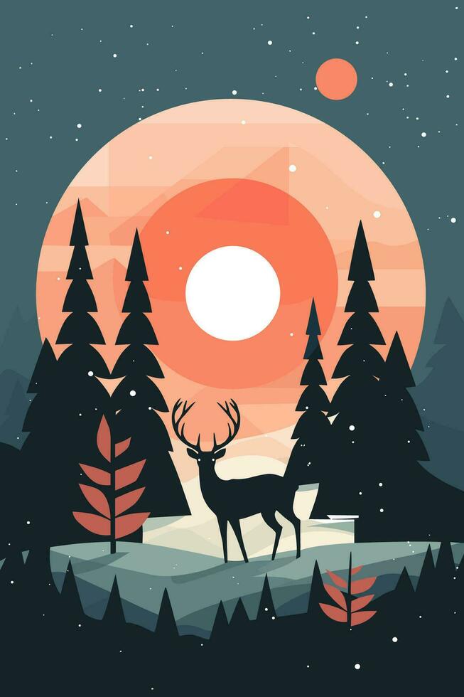 Christmas Winter Wonderland Flat Vector Greeting Card Illustration