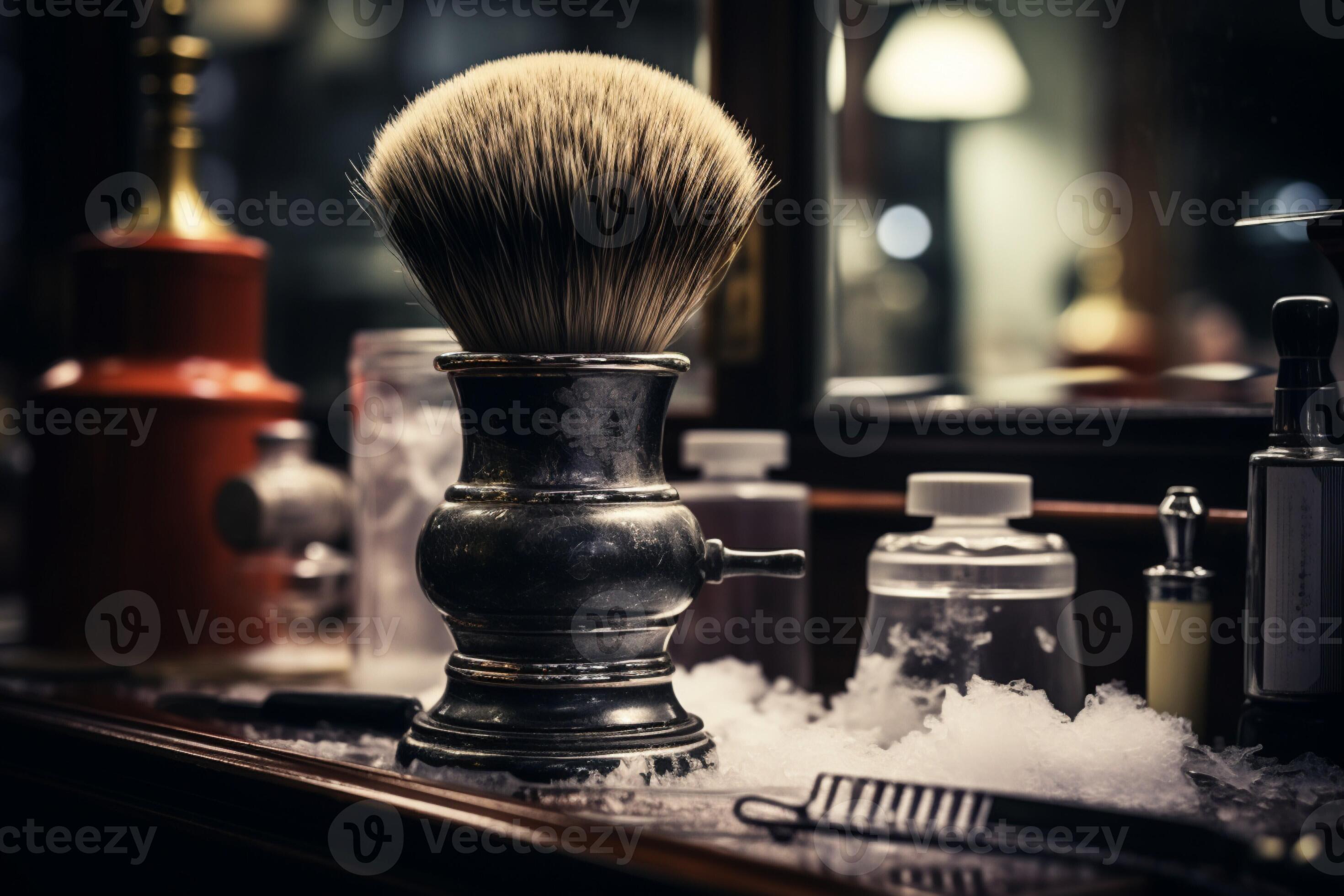Barbers touch Beard brush in action with bowl amidst barber shop