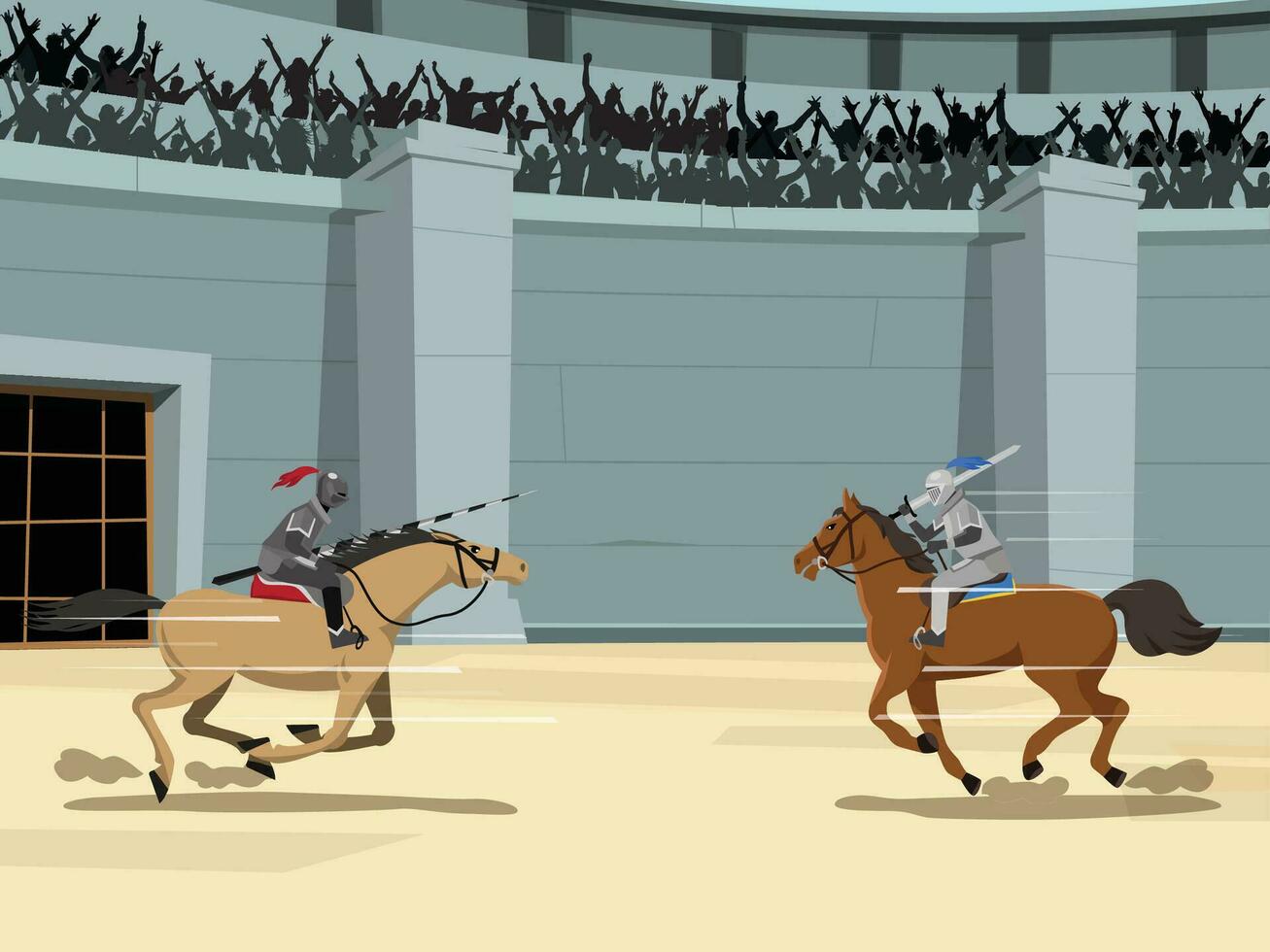 Medieval knight joust battle vector illustration. Cartoon flat horseman hero knight characters jousting with swords and shields on royal battlefield tournament.