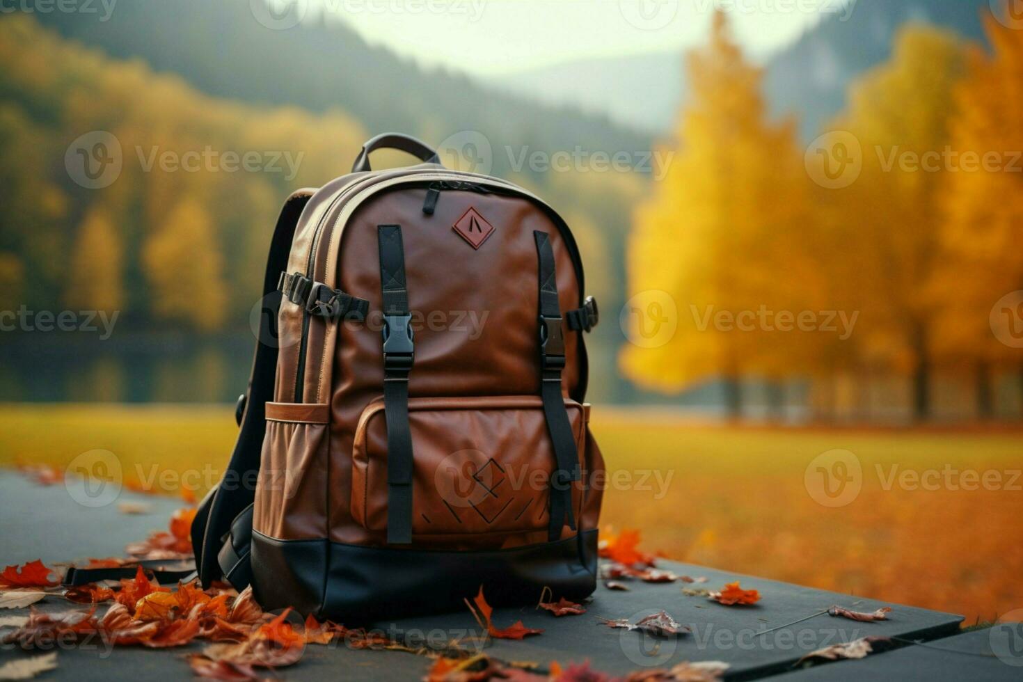 AI technology crafts backpack and accessories against a stunning autumn nature backdrop AI Generated photo