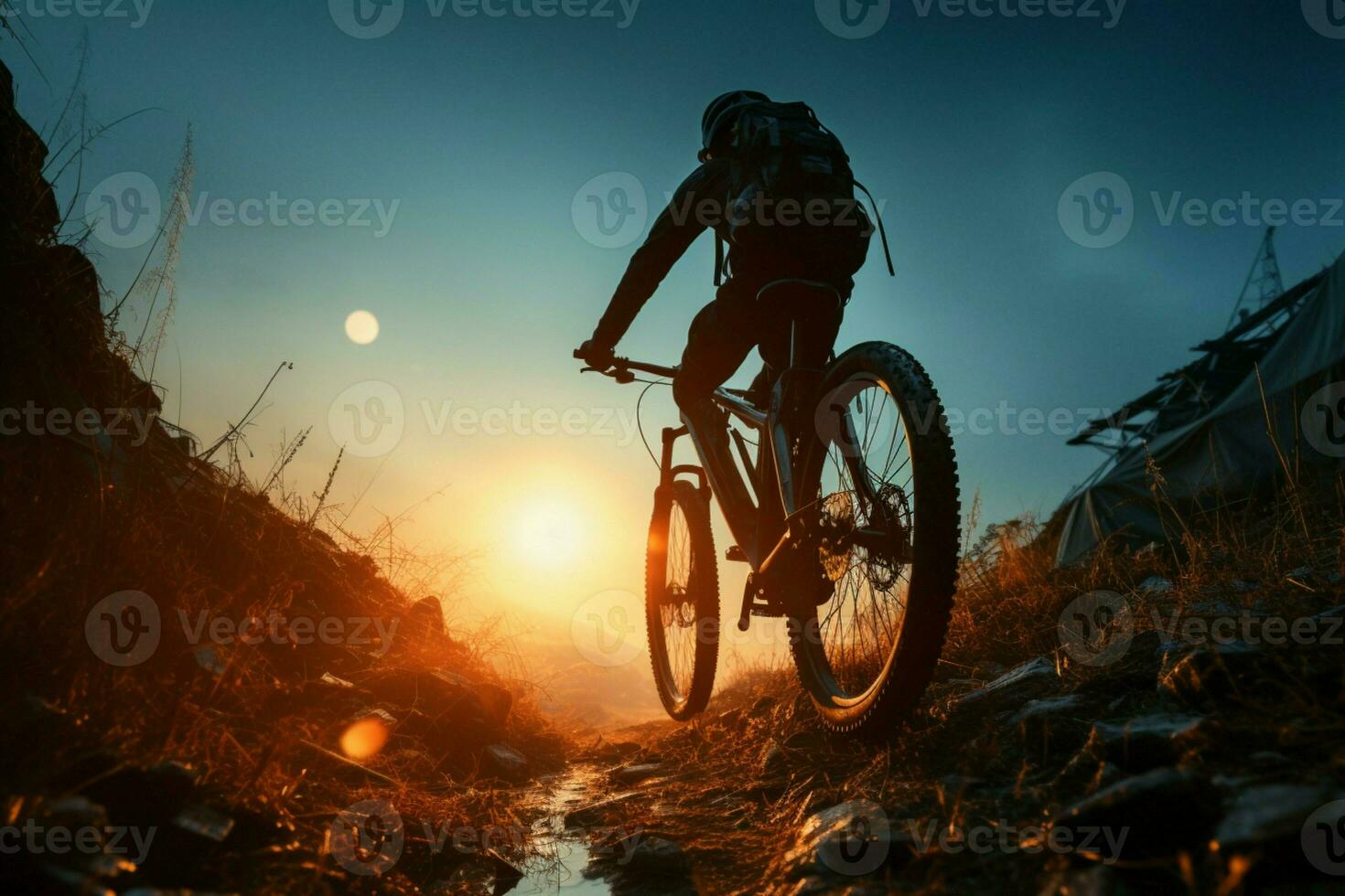 andar en bicicleta para ocio debajo el vasto noche cielo, un tranquilo viaje ai generado foto