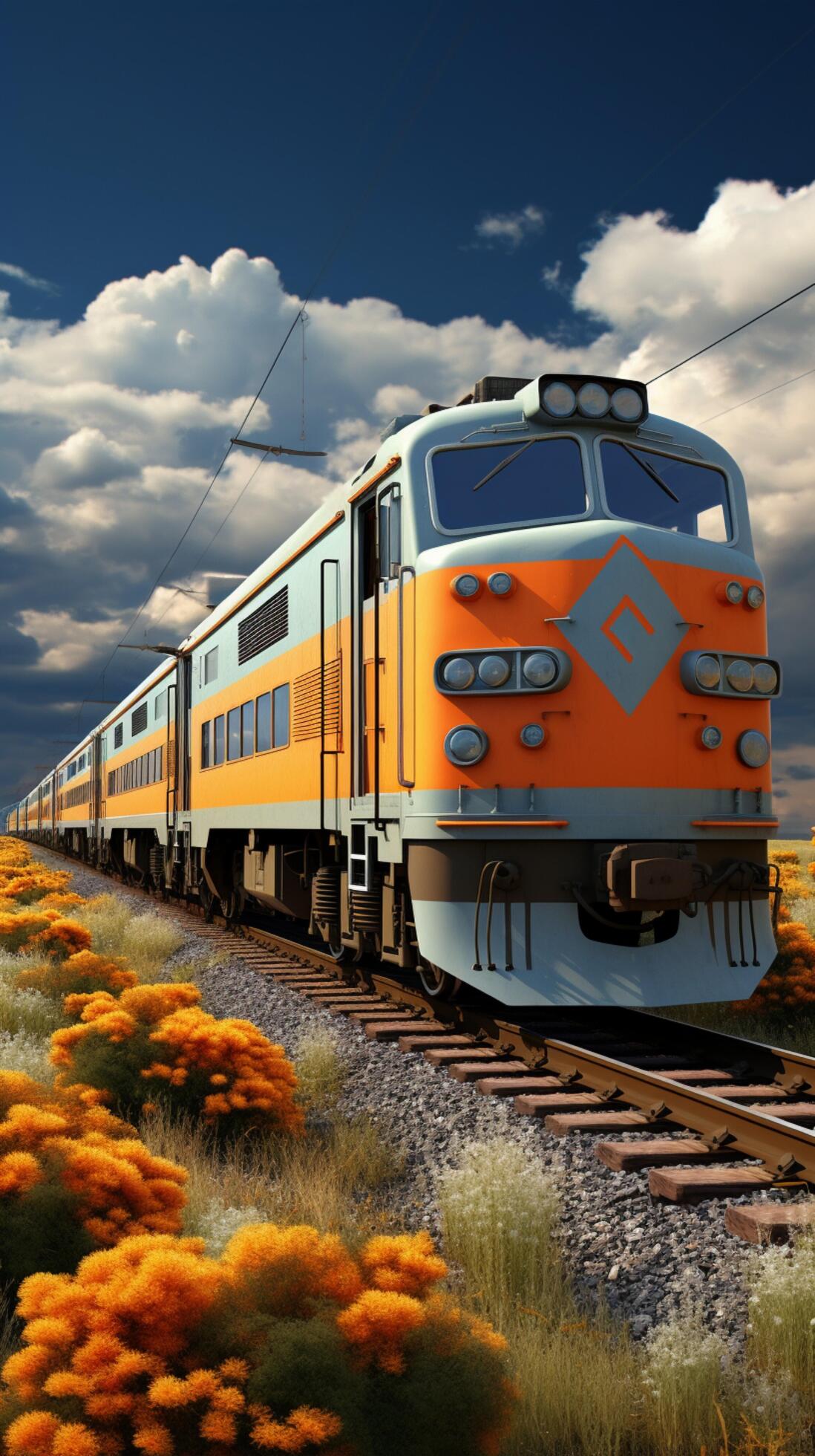 Vibrant summer train, moving under cloudy skies on a hot day Vertical