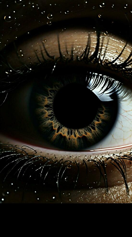 Captivating black eye, halftone dots like obsidian, in mysterious darkness. Vertical Mobile Wallpaper AI Generated photo