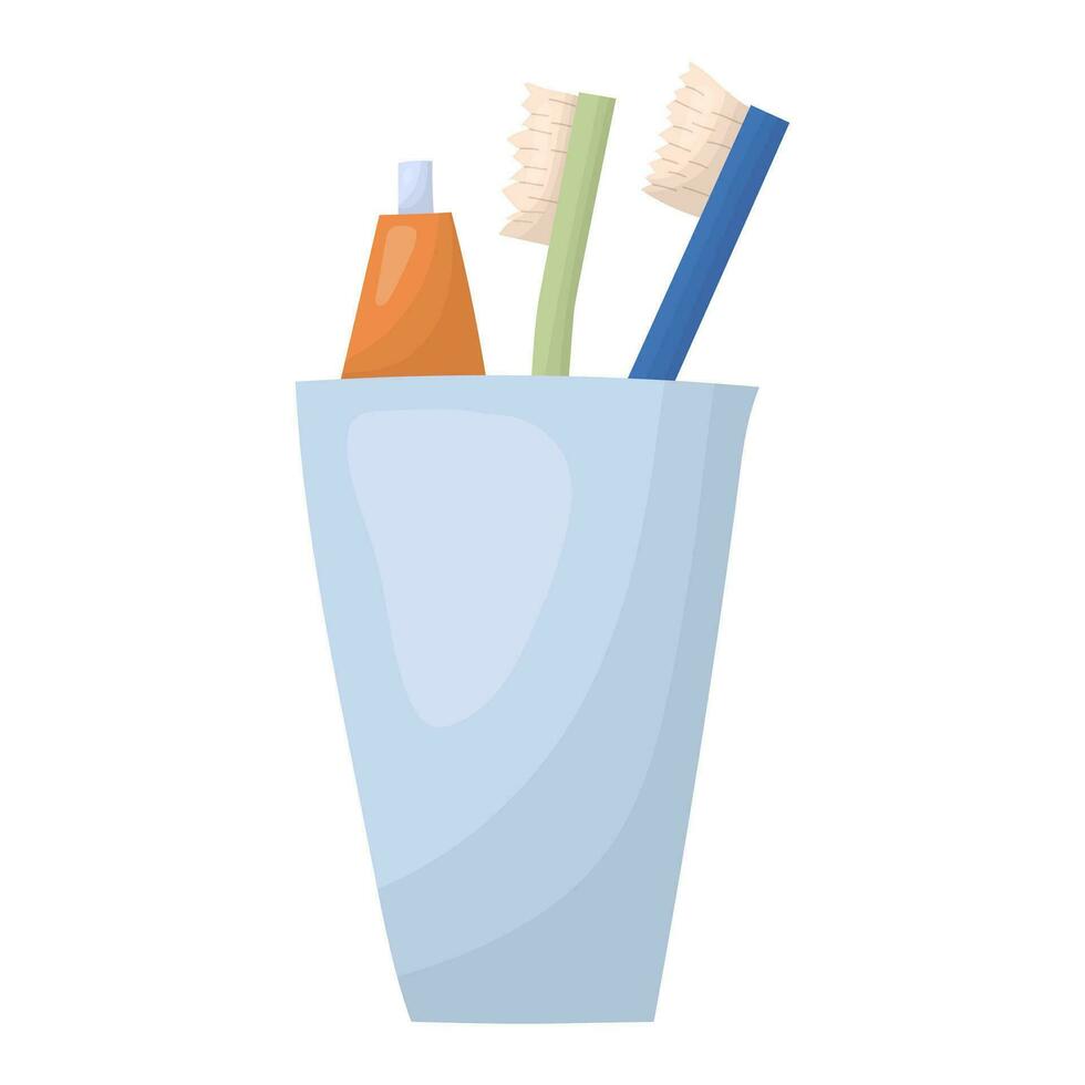 Two toothbrushes and toothpaste. A cup for toothbrushes. Vector illustration.